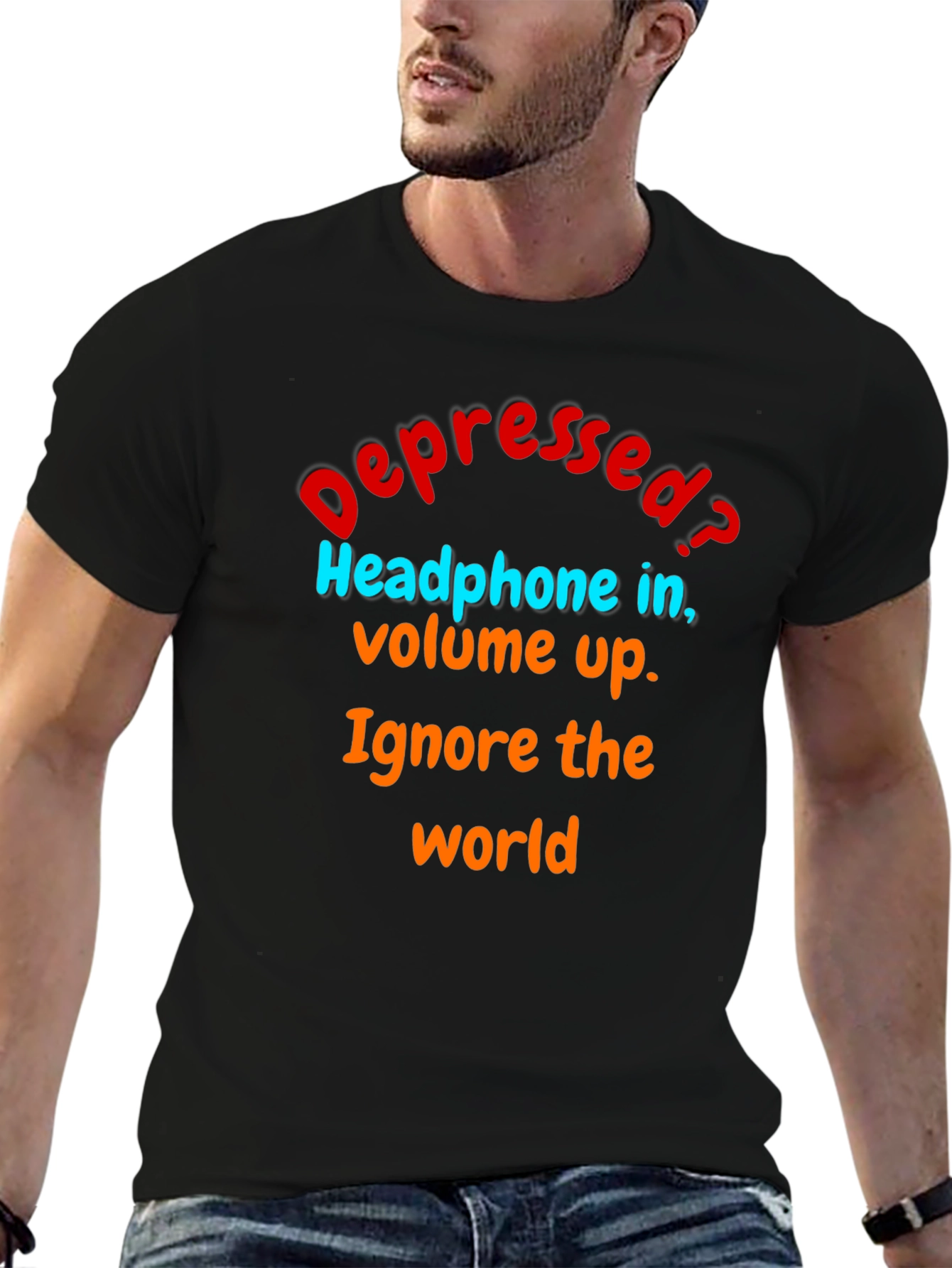 Black Depressed? Ignore the World T-Shirt view 6