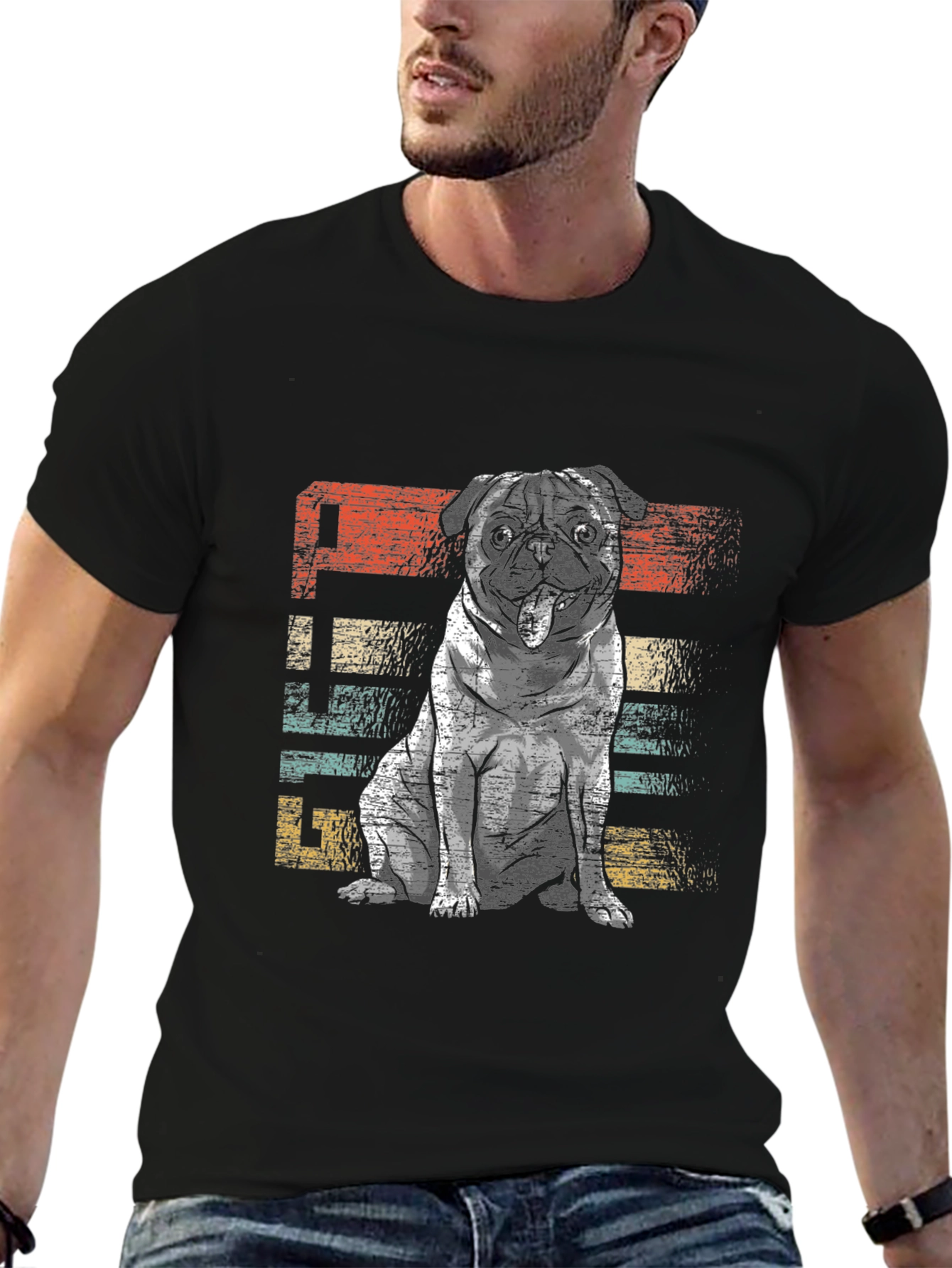 Black Retro Pug Graphic Tee - Unisex Black T-Shirt view 6