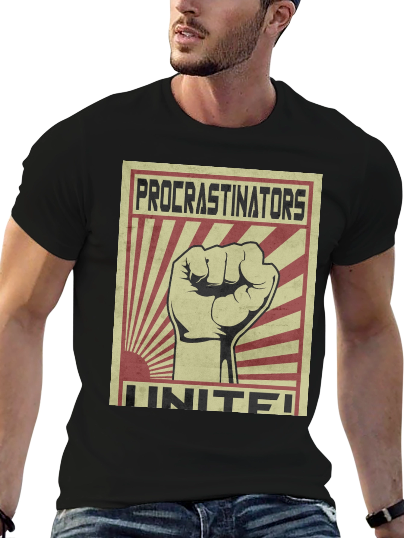Black Procrastinators Unite! Graphic Tee view 6