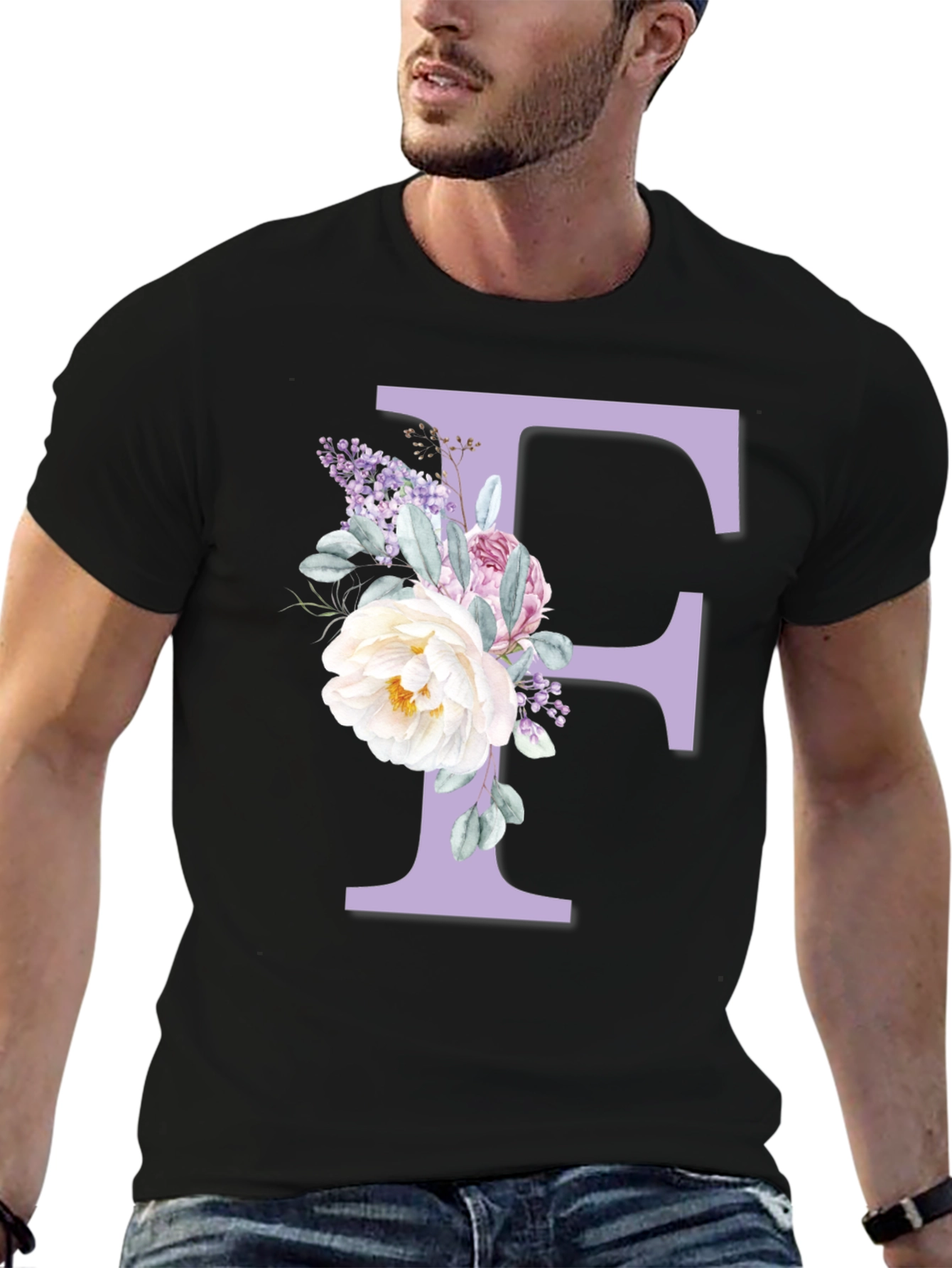 Floral Letter F Black T-Shirt - 6