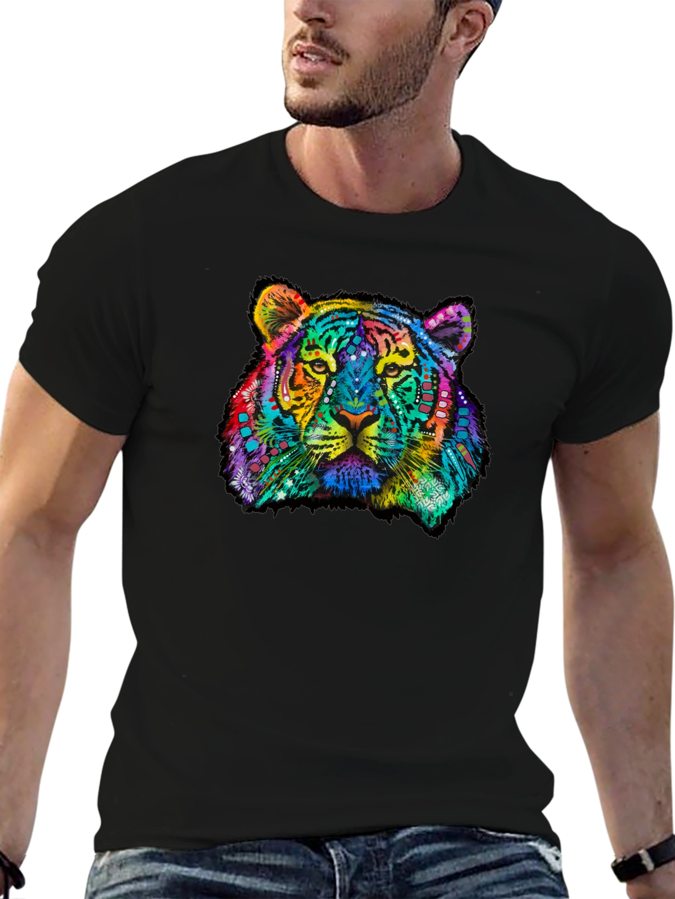 Black Vibrant Tiger Graphic Tee - Black Cotton T-Shirt view 6