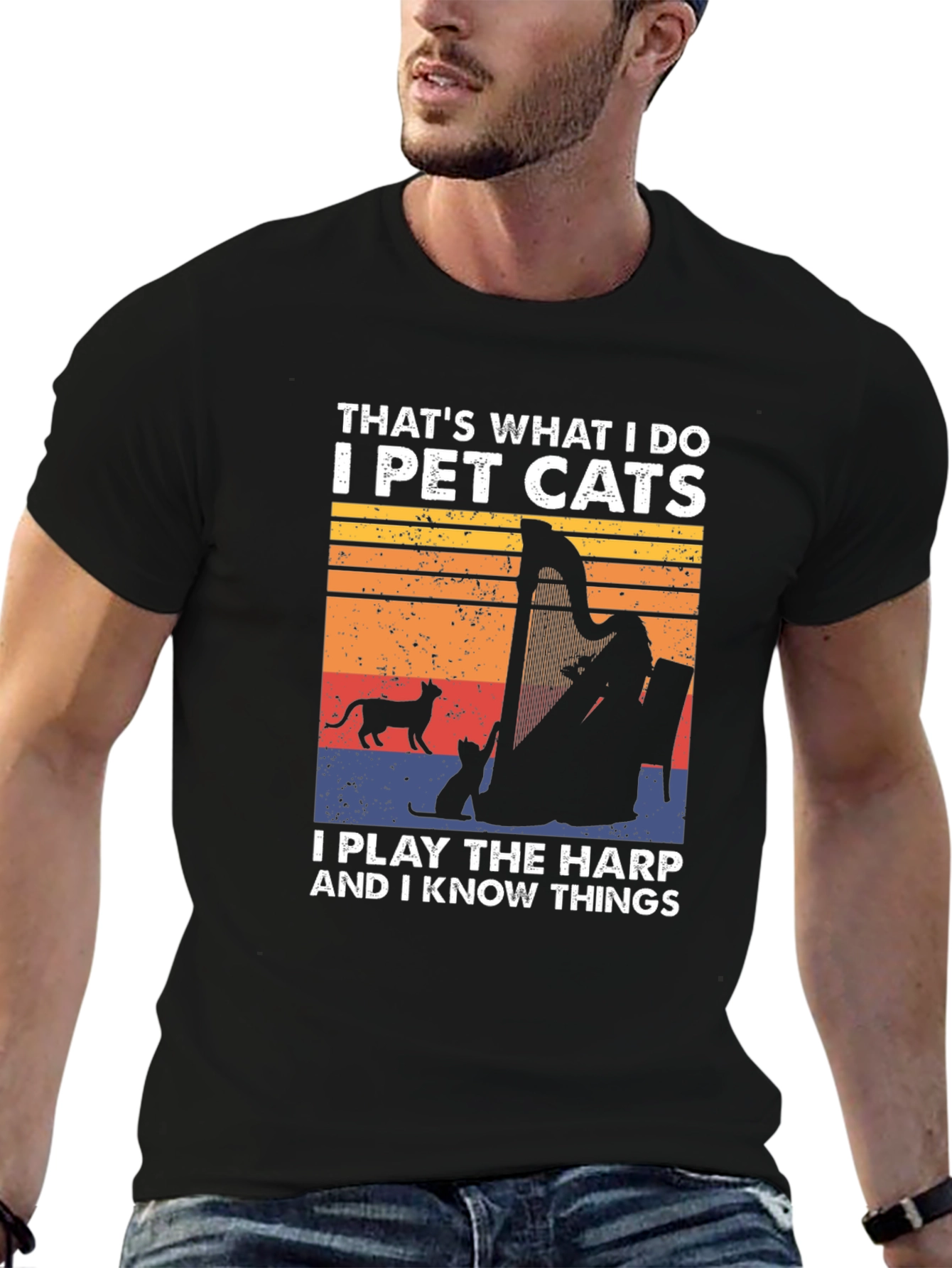 Black Pet Cats & Harp Player Graphic T-Shirt view 6