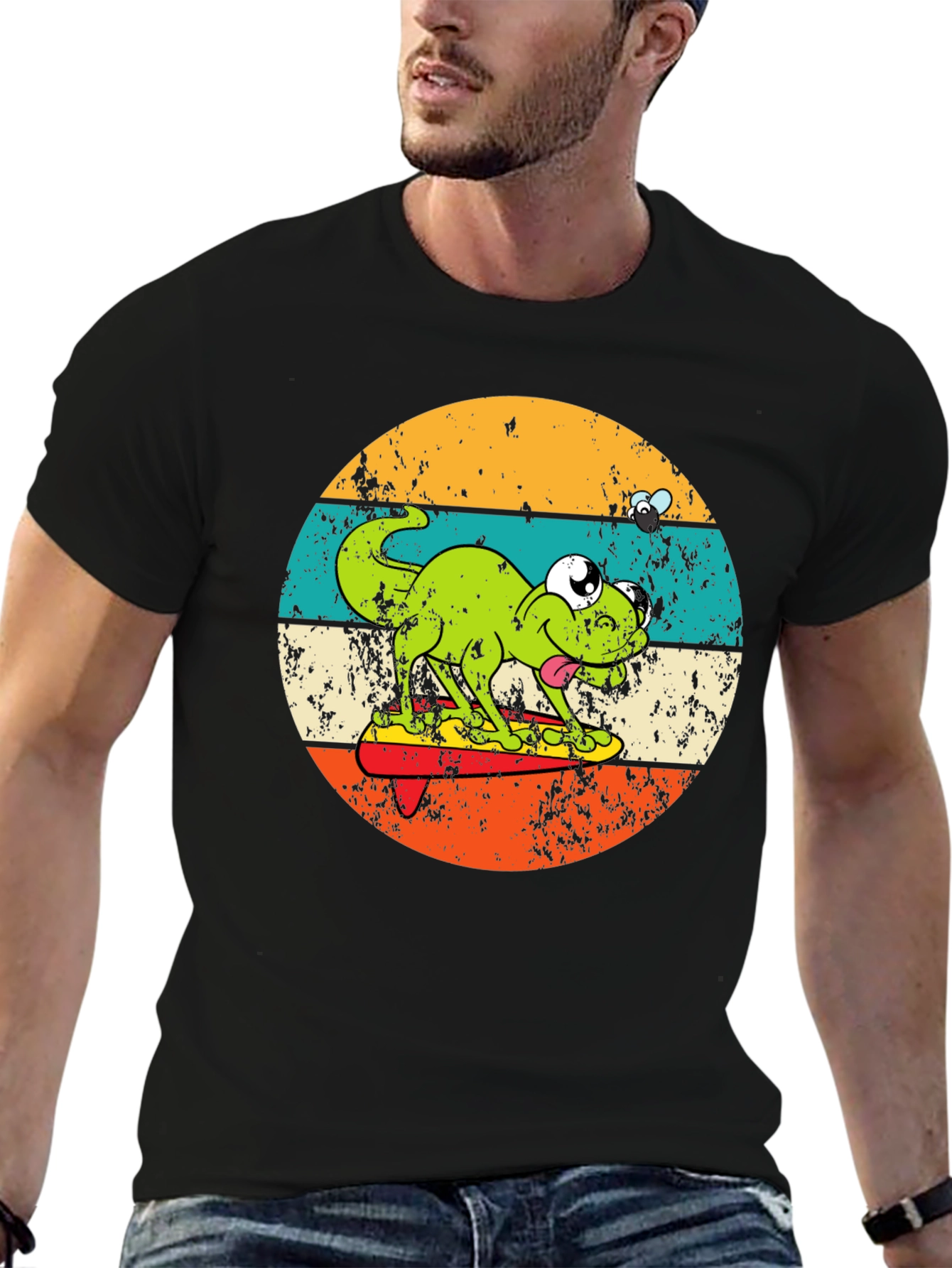 Black Retro Frog Surfing T-Shirt - Unique Graphic Tee view 6