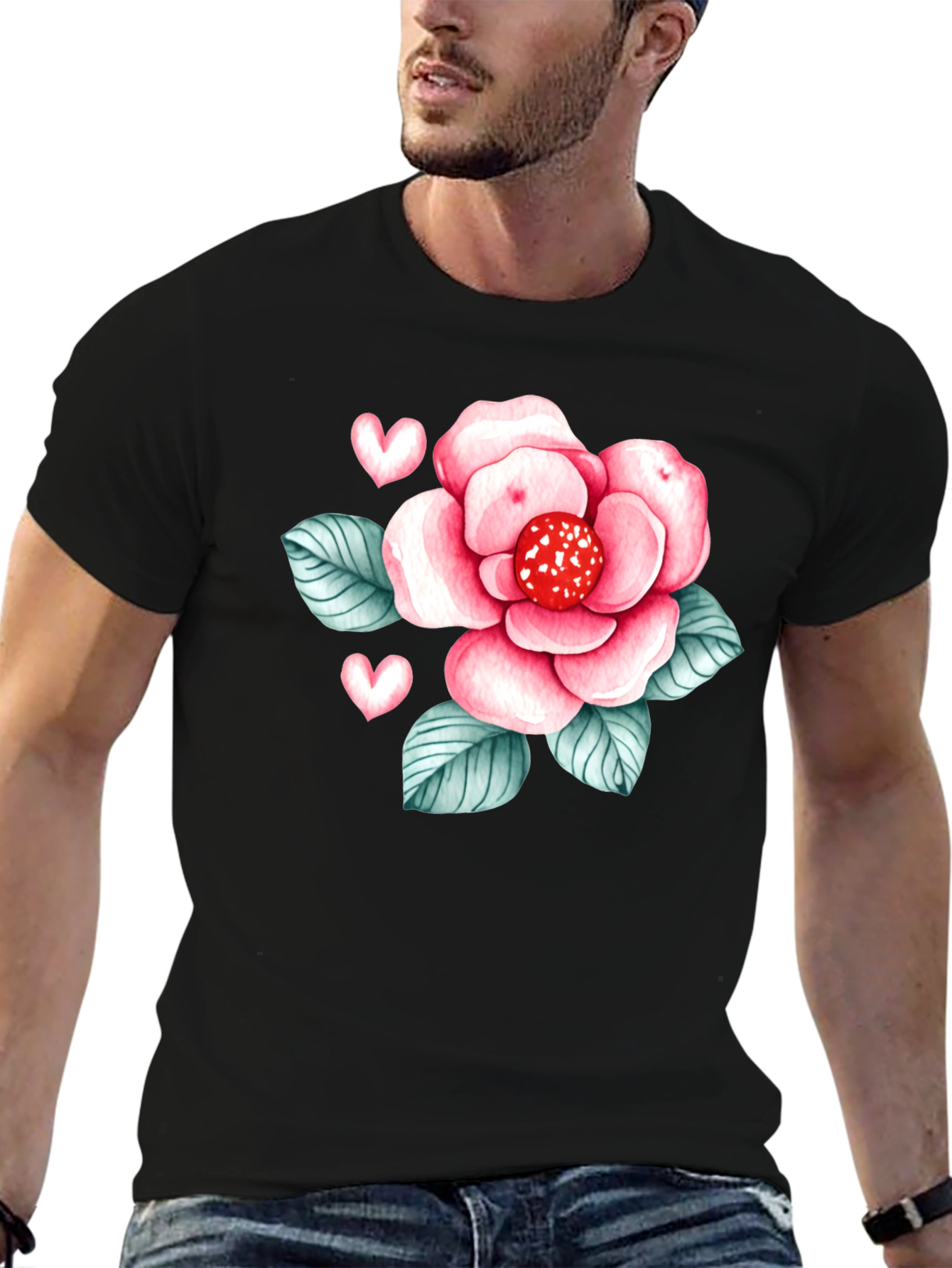 Black Floral Heart Graphic Tee - Stylish Black Shirt view 6