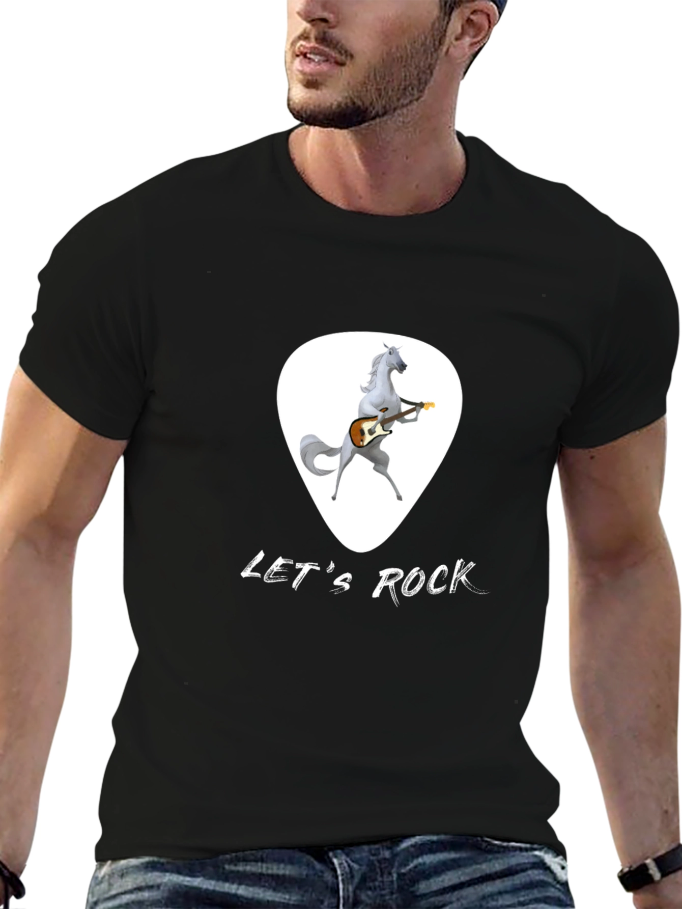 Black Let's Rock Horse Guitarist Black T-Shirt view 6
