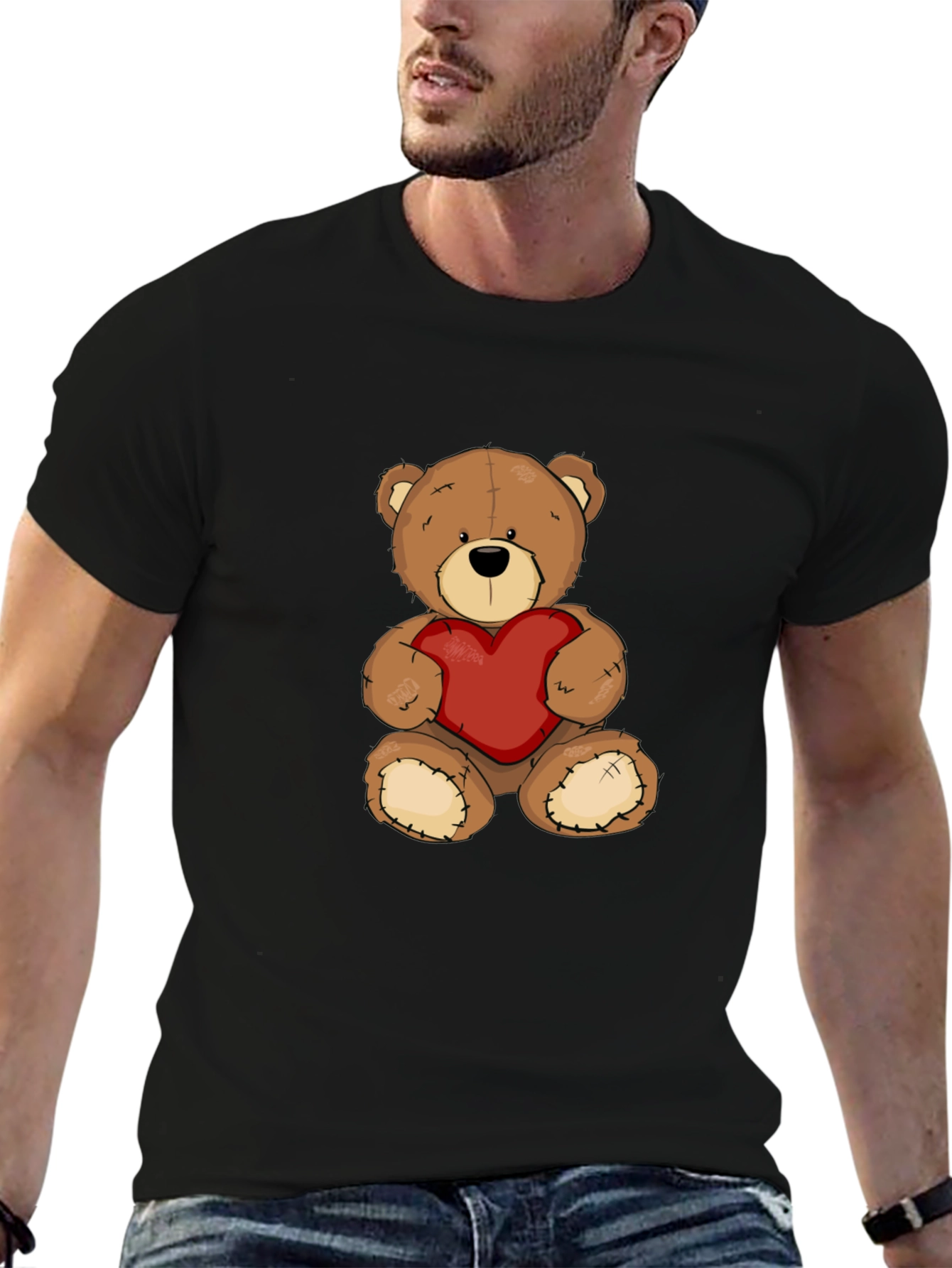 Black Teddy Bear Heart Graphic Tee - Men's Black T-Shirt view 6