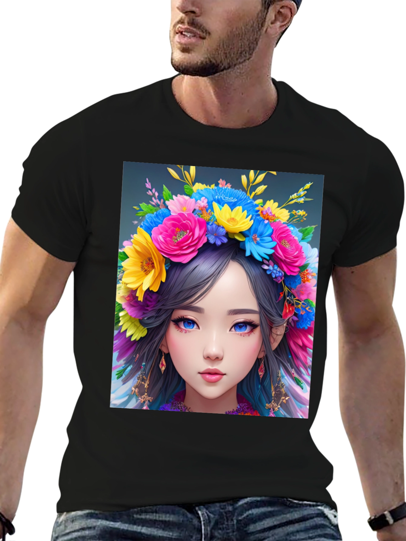 Black Floral Crown Girl Graphic T-Shirt view 6