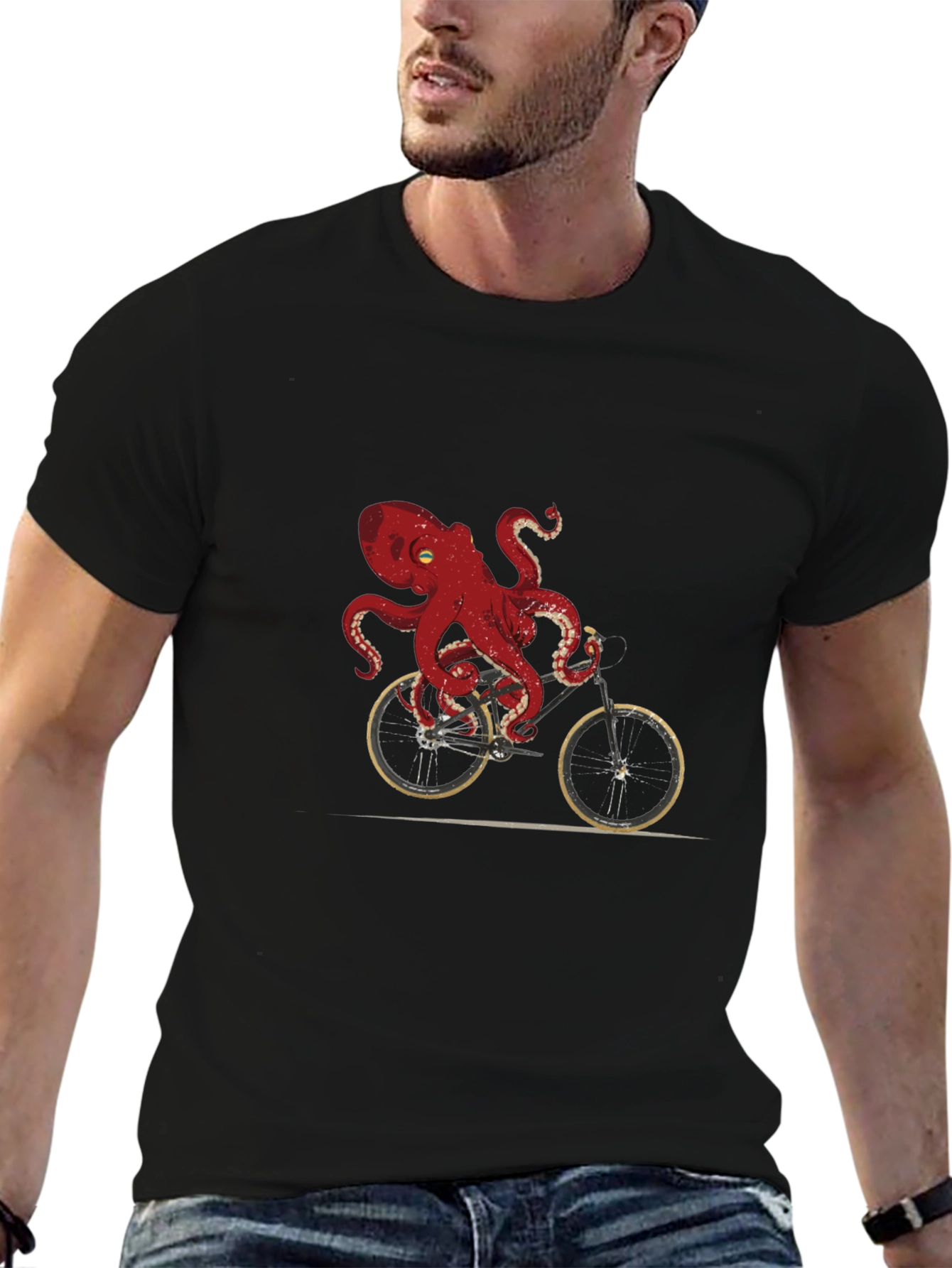 Black Octopus Riding Bike Graphic T-Shirt view 6