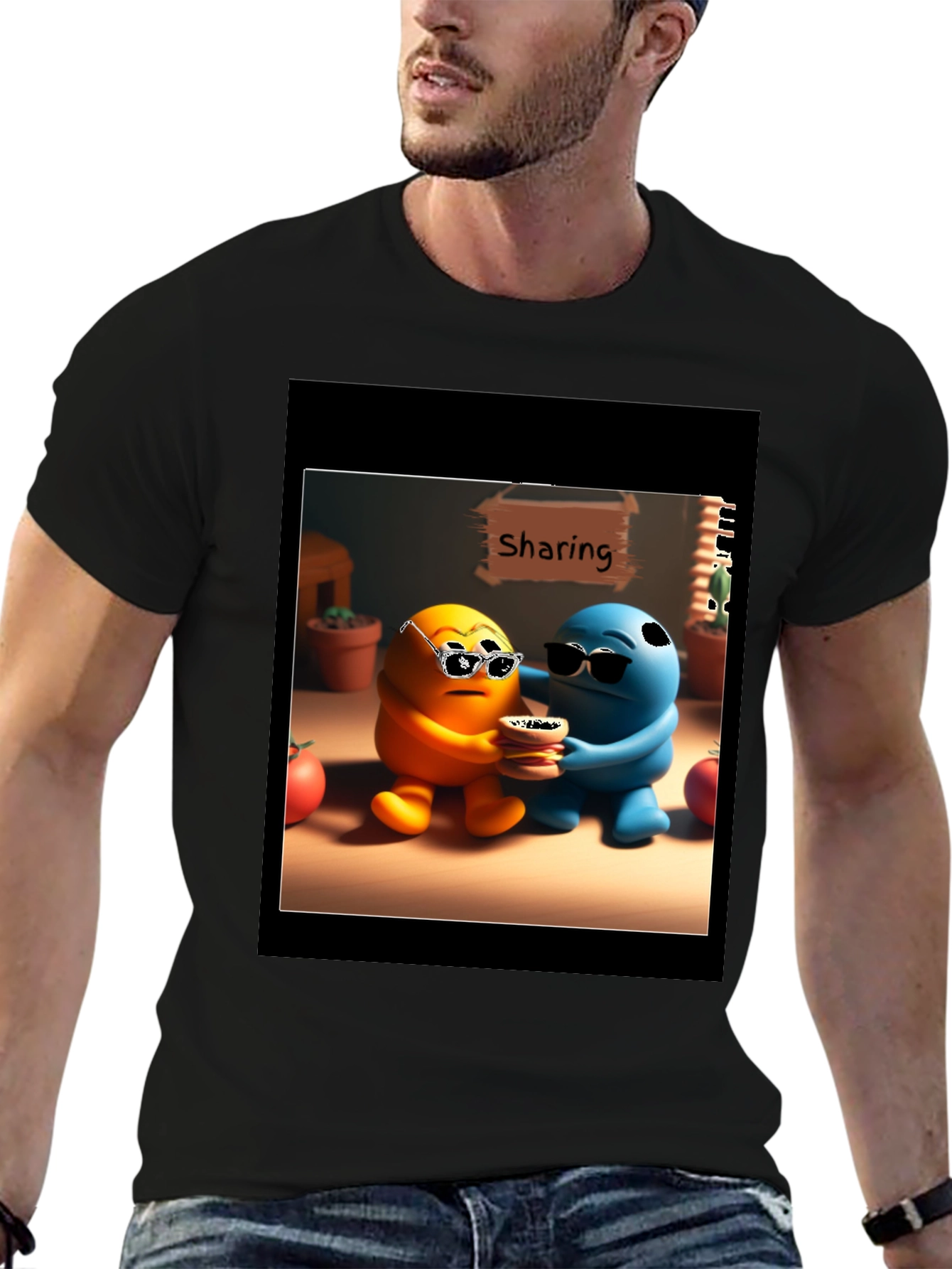 Black Sharing Cartoon Character Graphic Tee - Black view 6