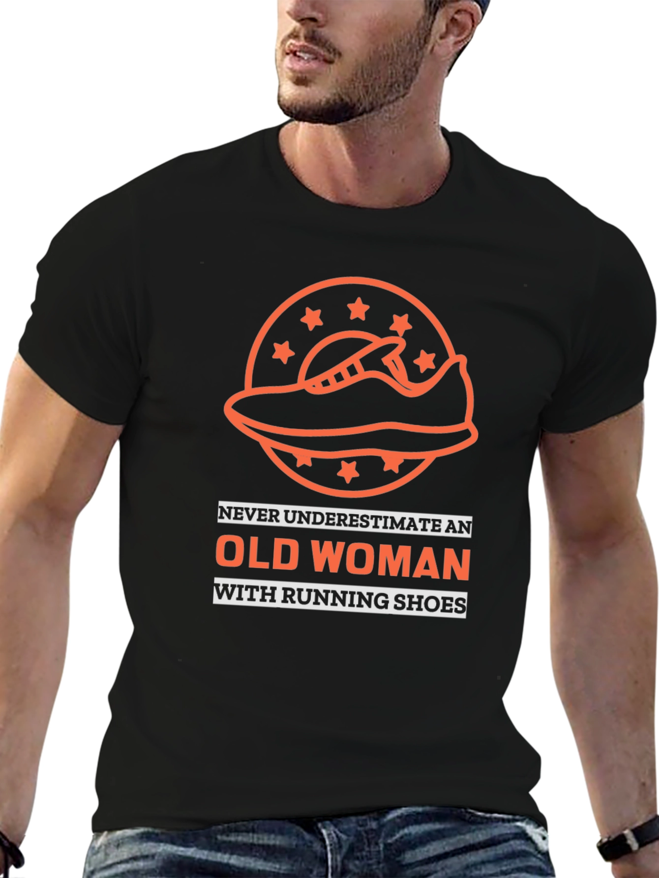 Black Funny Old Woman Running Shoes T-Shirt view 6