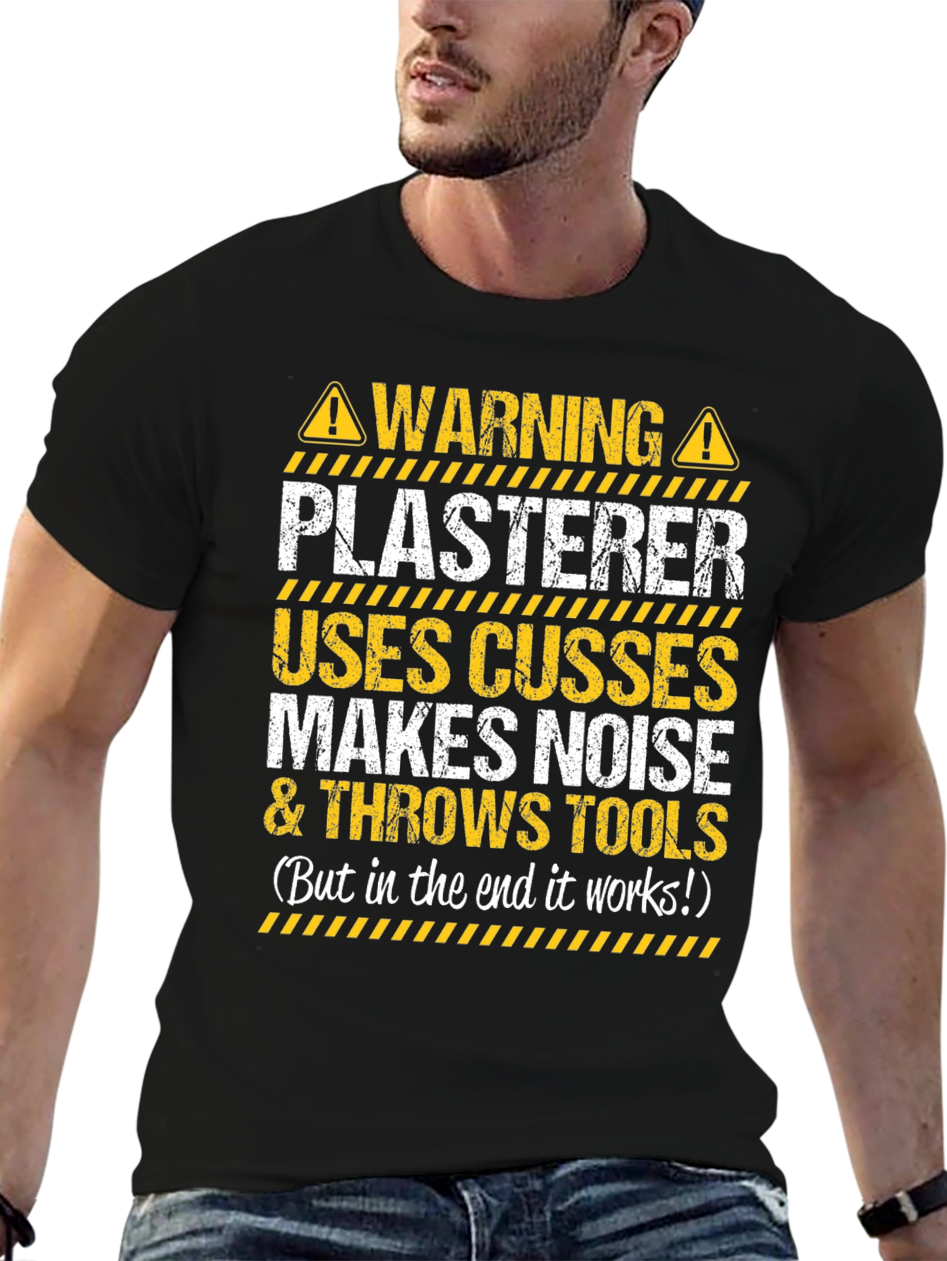 Black Warning Plasterer T-Shirt - Funny Construction Worker Tee view 6