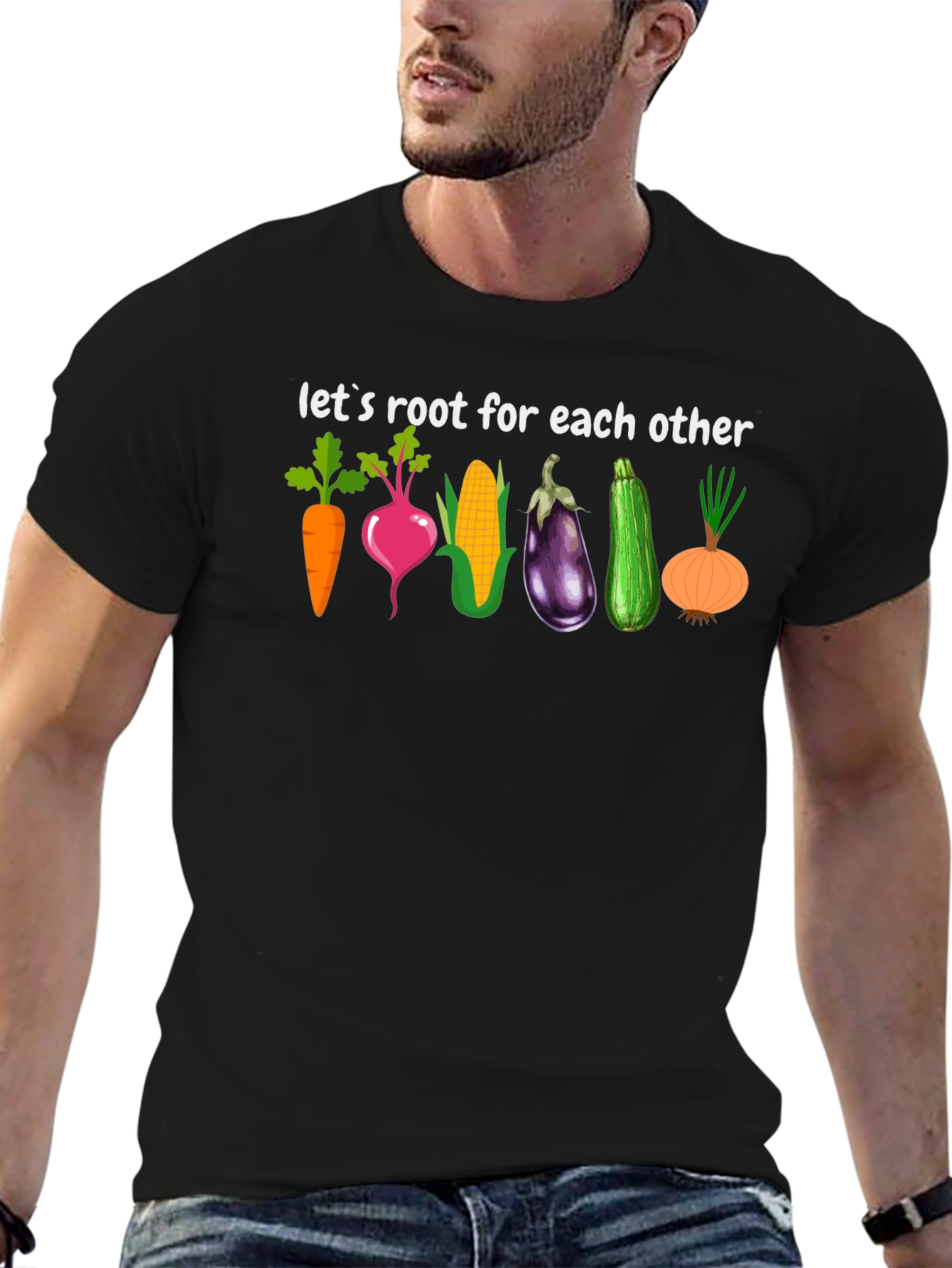 Black Vegetable Pun T-Shirt - Root for Each Other Graphic Tee view 6