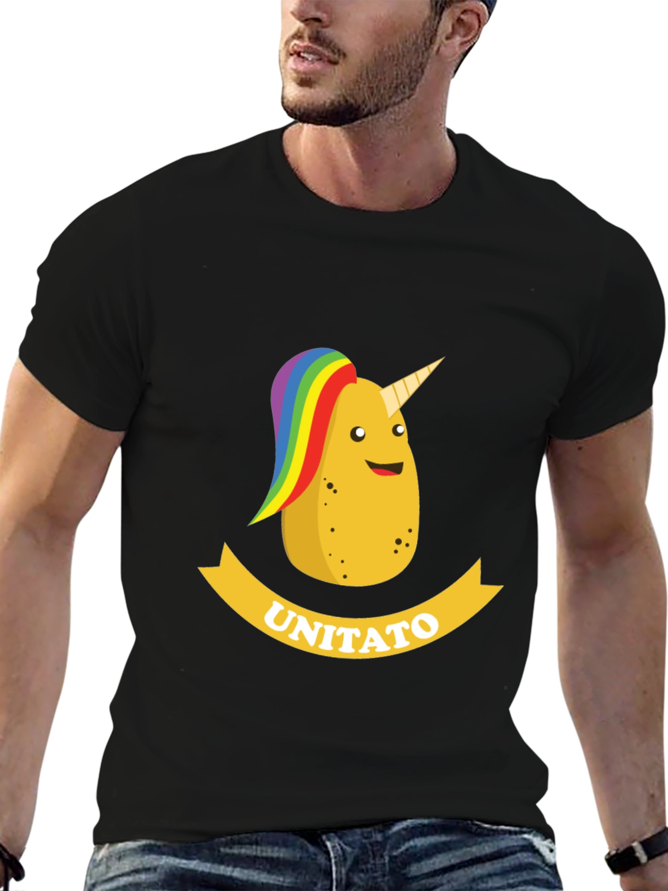 Black Unitato Potato Unicorn Black T-Shirt view 6