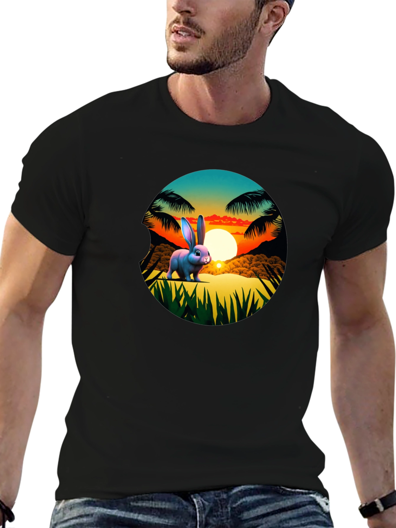 Black Tropical Bunny Sunset Graphic Tee view 6