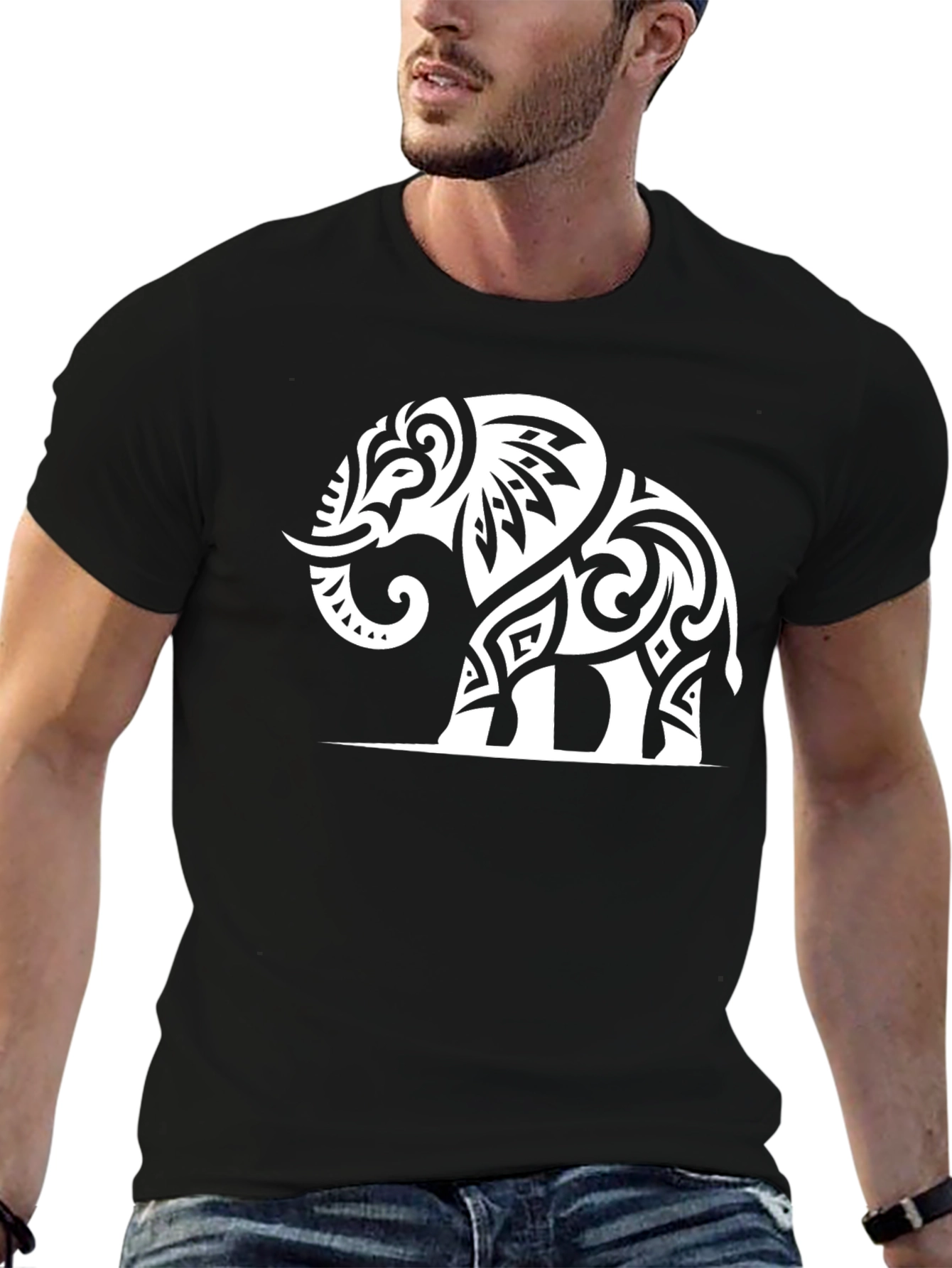 Black Tribal Elephant Graphic T-Shirt - Black Cotton Tee view 6