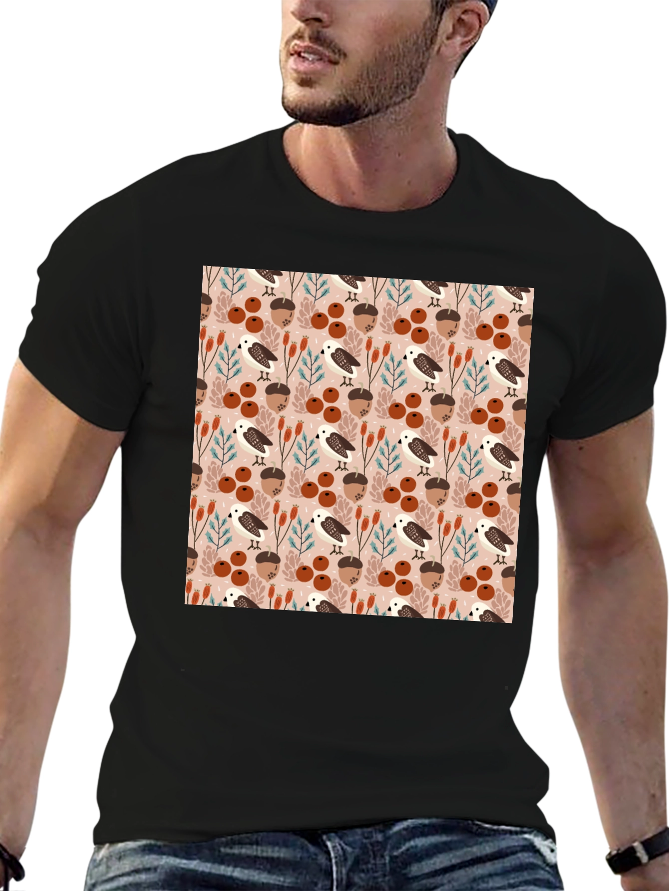 Black Autumnal Bird and Acorn Pattern T-Shirt view 6