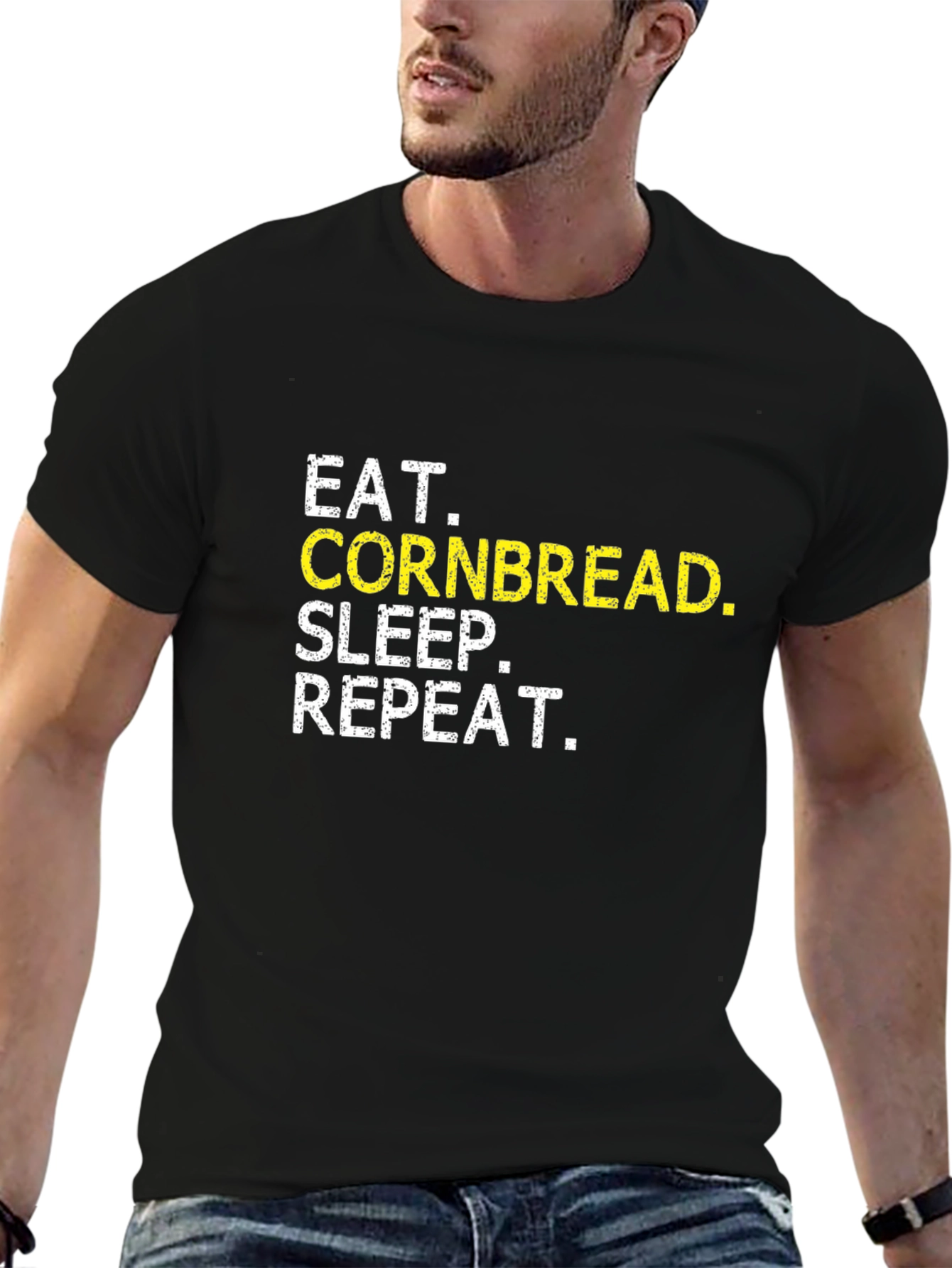 Black Eat Cornbread Sleep Repeat Black Cotton Graphic T-Shirt view 6