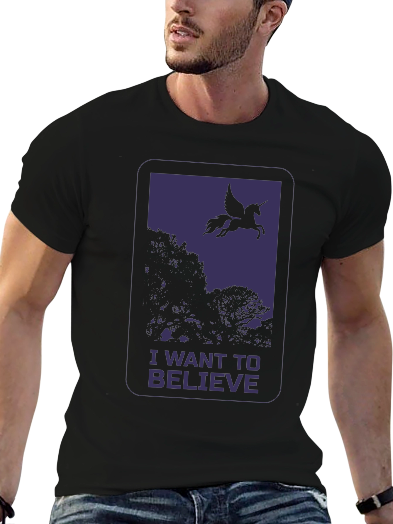 Black I Want to Believe Pegasus Graphic T-Shirt view 6