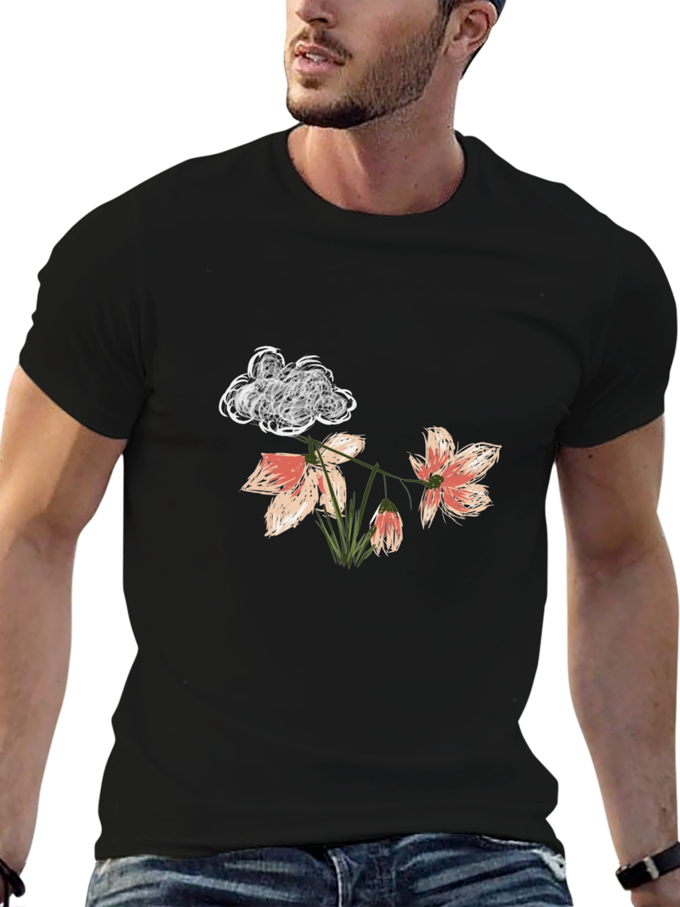 Black Floral Cloud T-Shirt - Unique Graphic Tee view 6