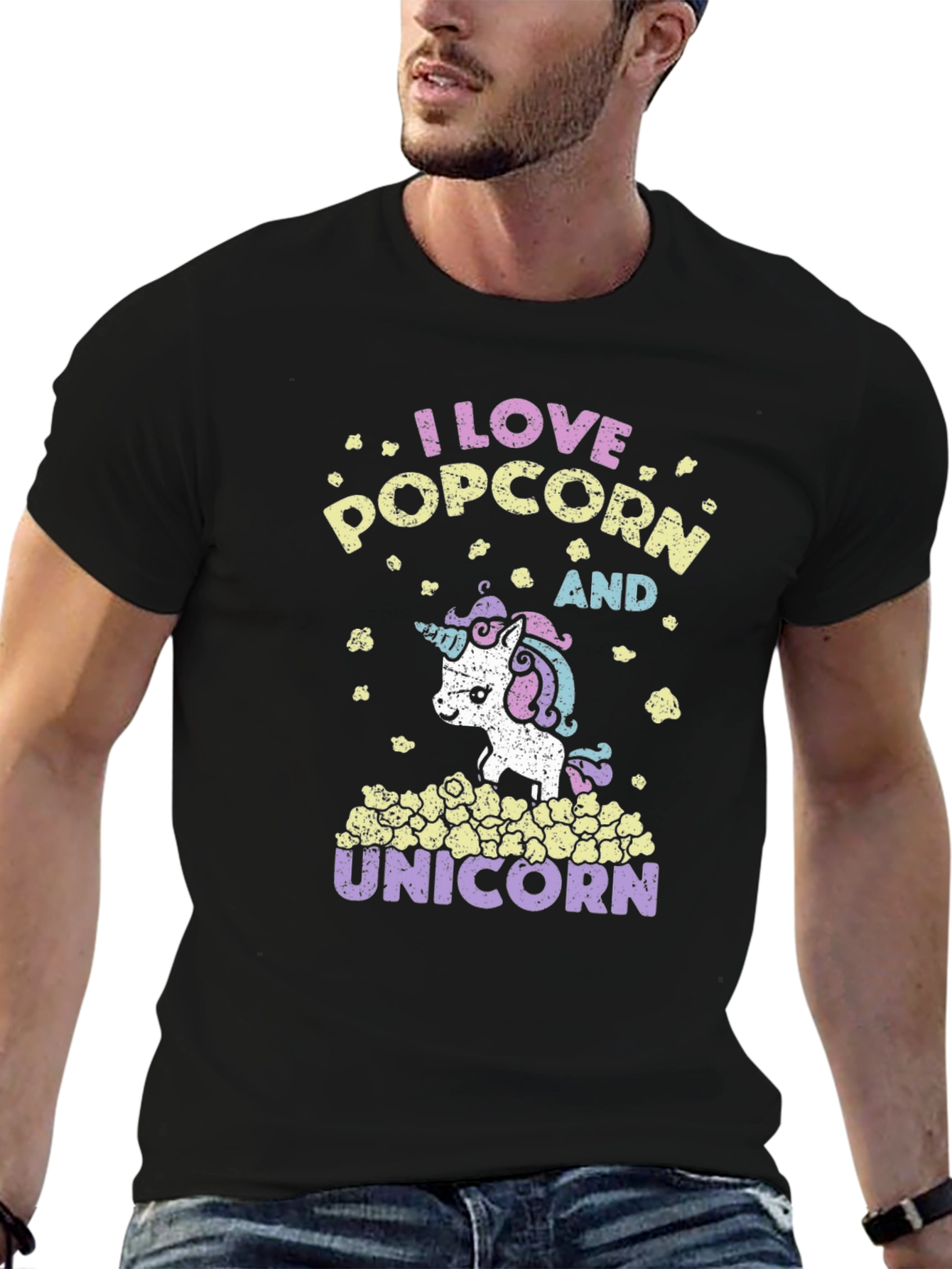 Black I Love Popcorn and Unicorns Graphic T-Shirt view 6