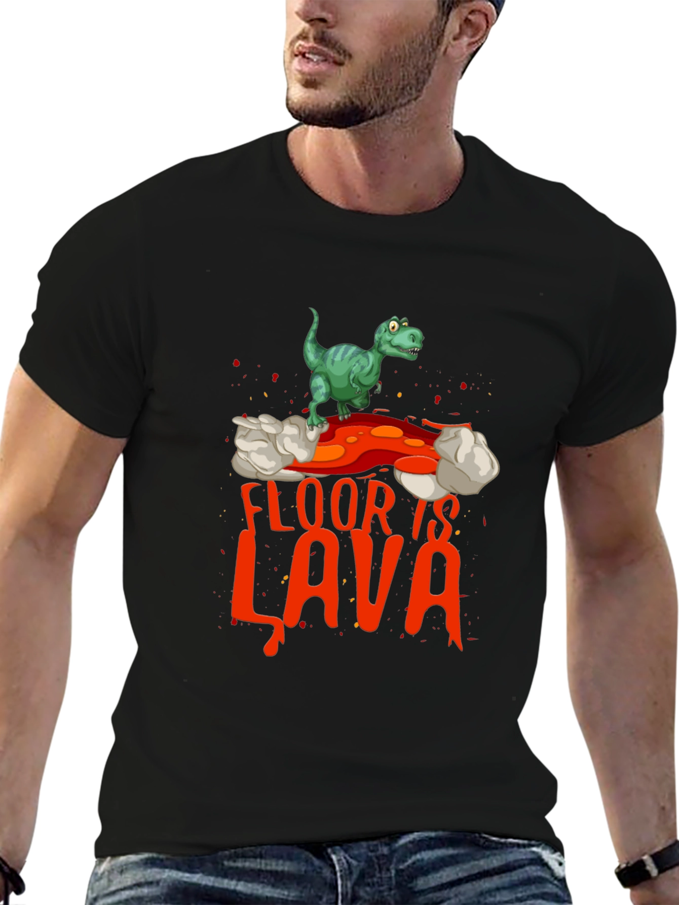 Black Funny 'The Floor is Lava' Dinosaur Graphic Tee view 6