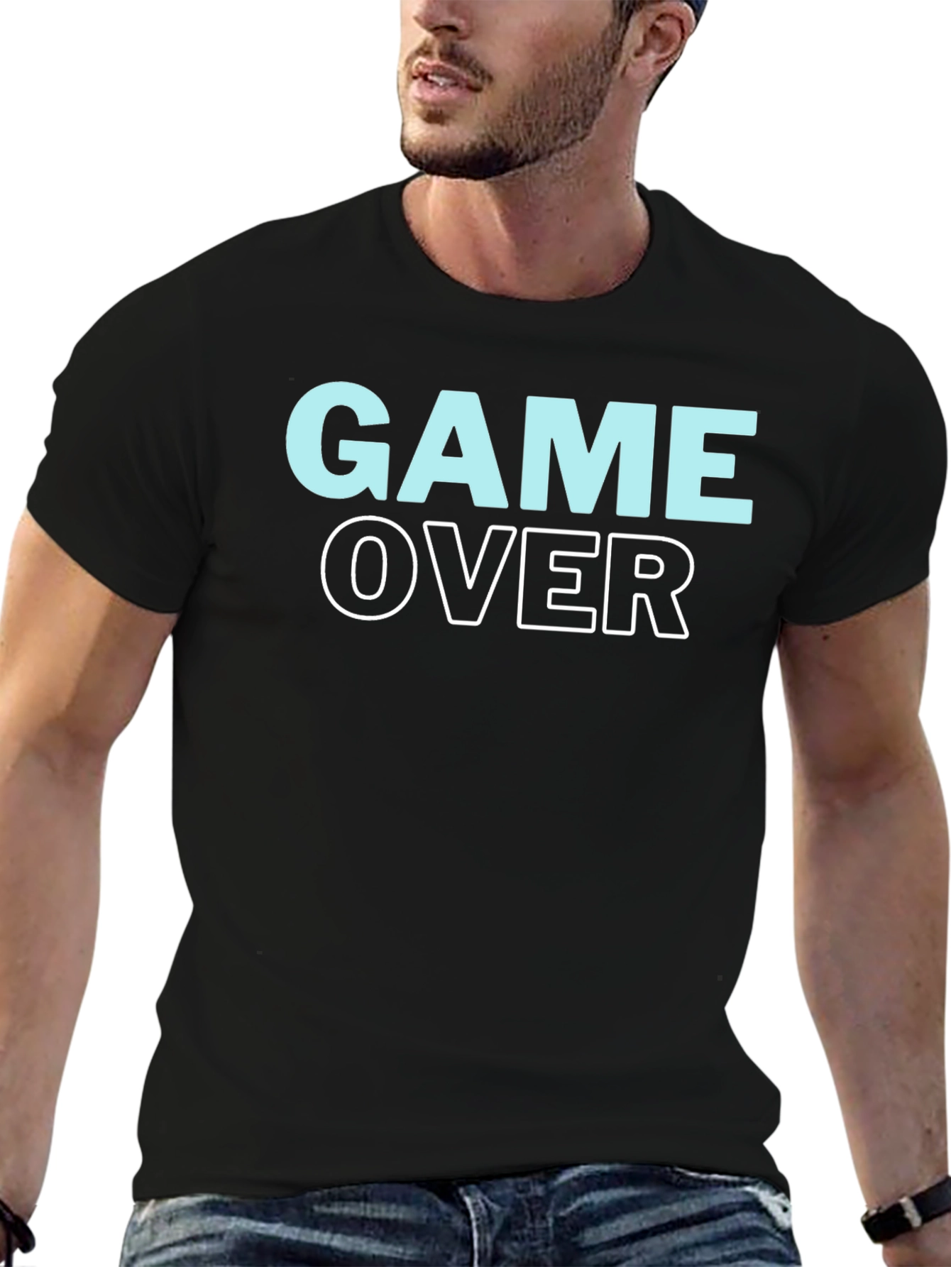 Black Game Over Graphic Print Crew Neck T-Shirt view 6