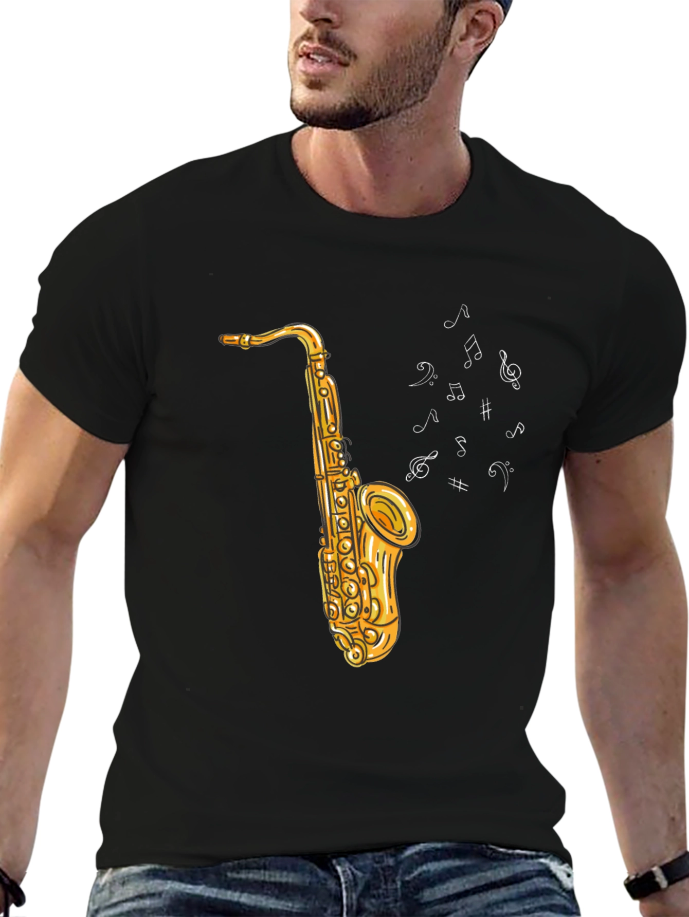 Black Saxophone Graphic Tee - Musical Notes Design view 6