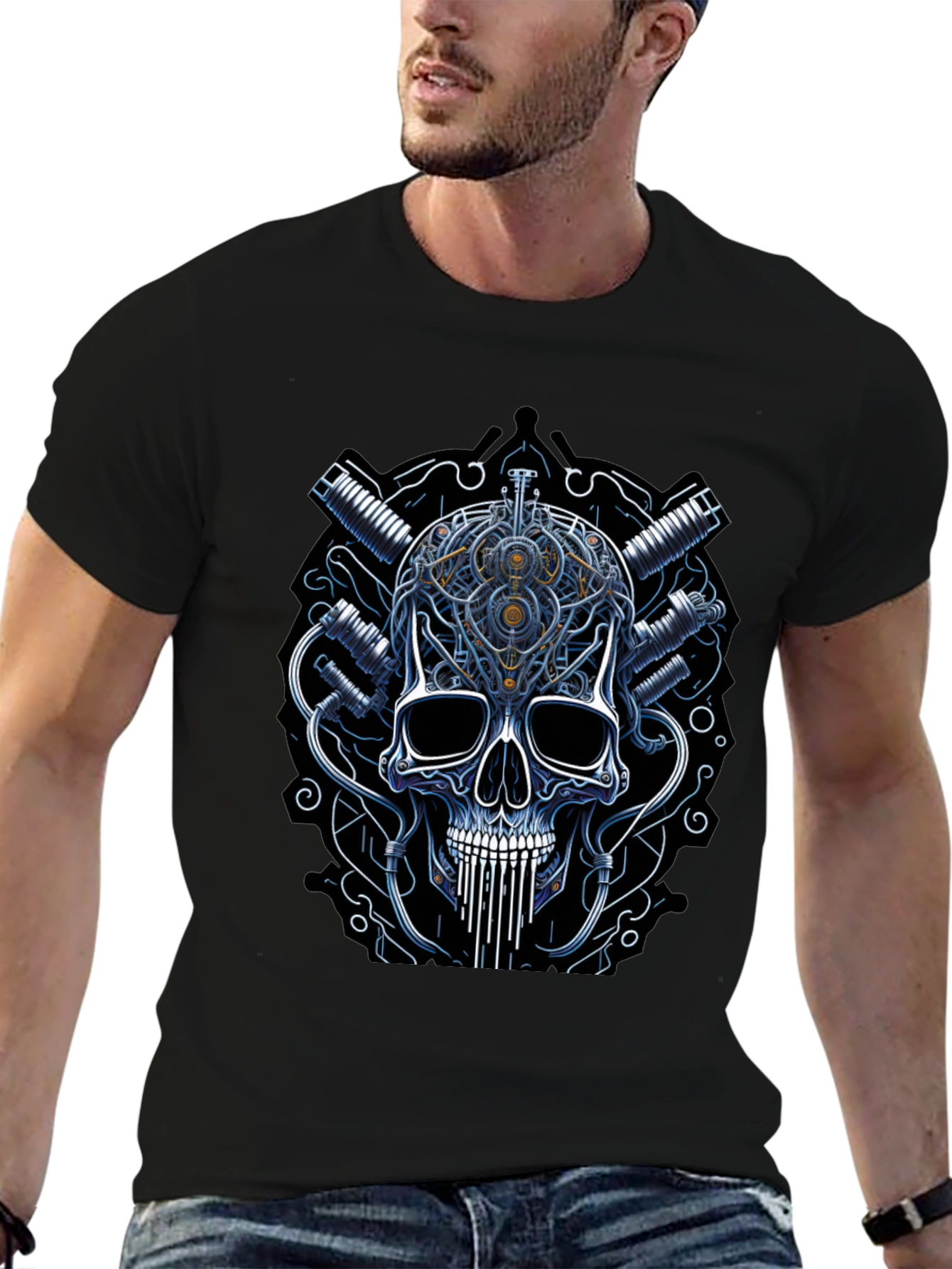Black Steampunk Skull Graphic Tee - Black view 6