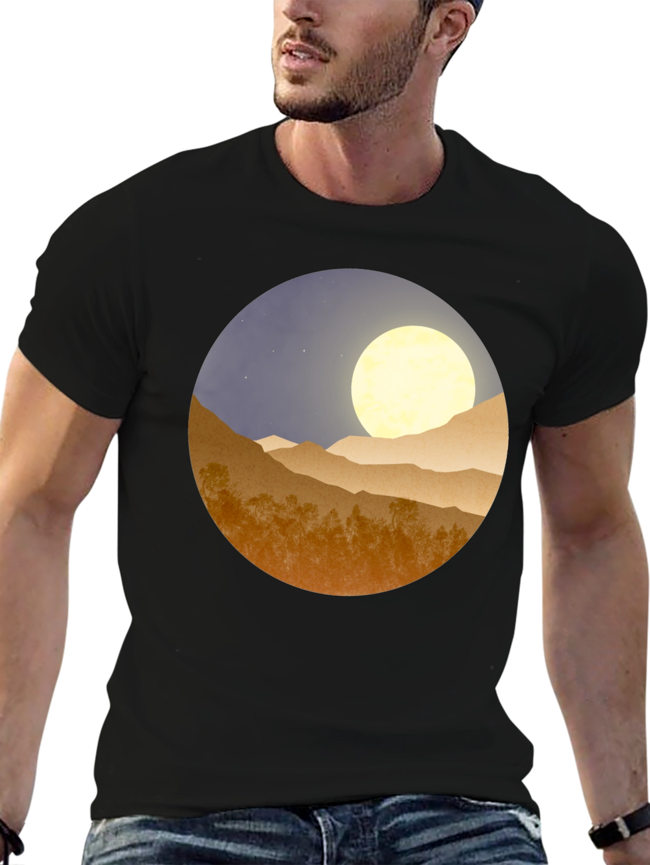 Black Moonlit Mountain Graphic Tee - Soft Black Cotton Blend view 6