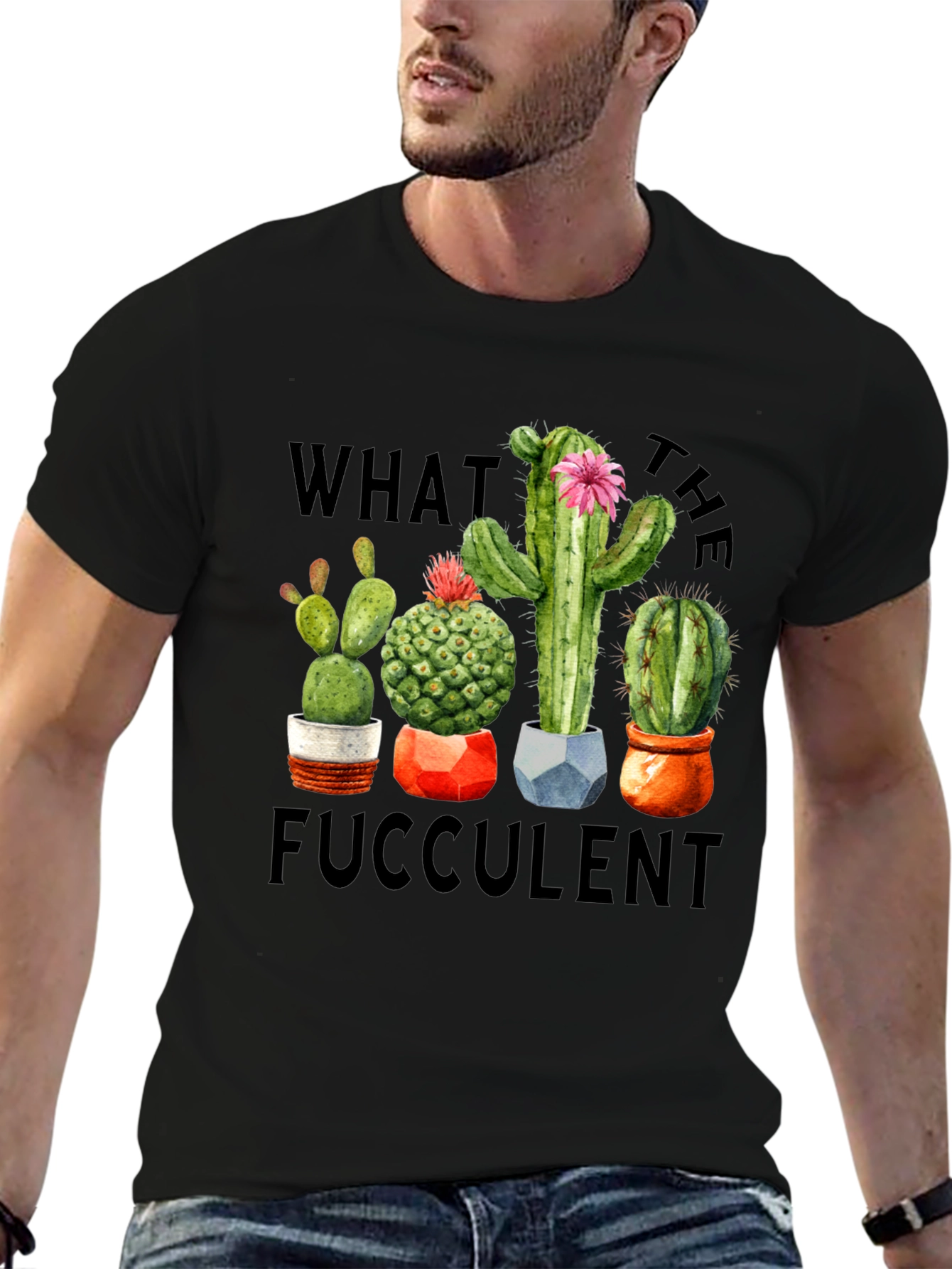 Black "What the Fucculent" Cactus Graphic T-Shirt view 6