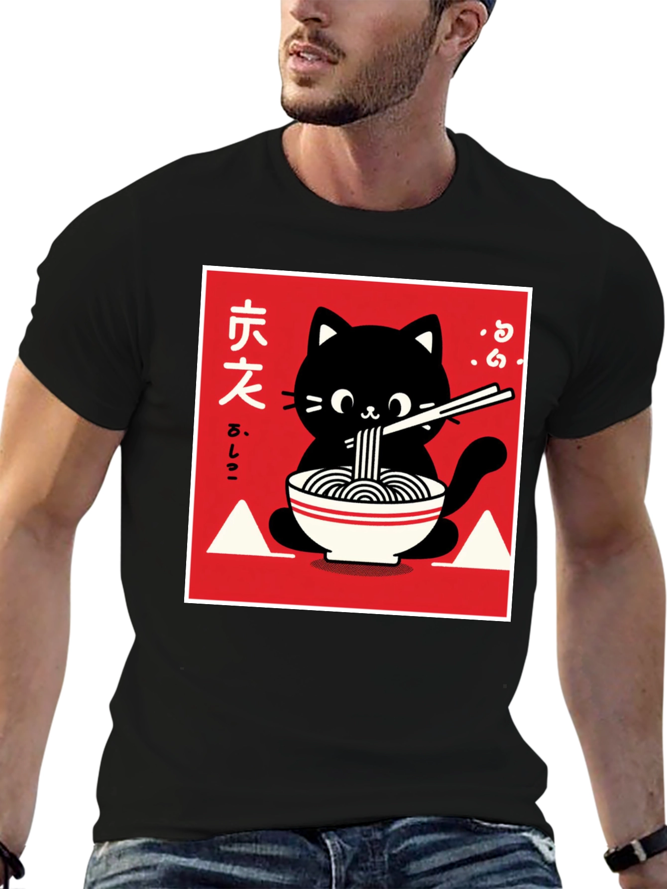 Black Ramen Cat Graphic T-Shirt - Black view 6