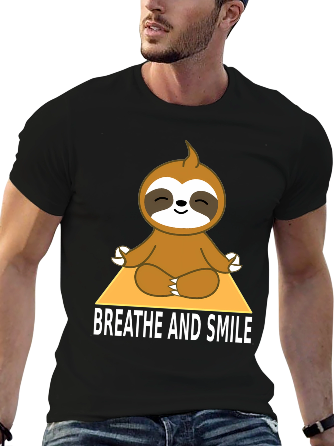 Black Meditating Sloth T-Shirt - Breathe and Smile view 6