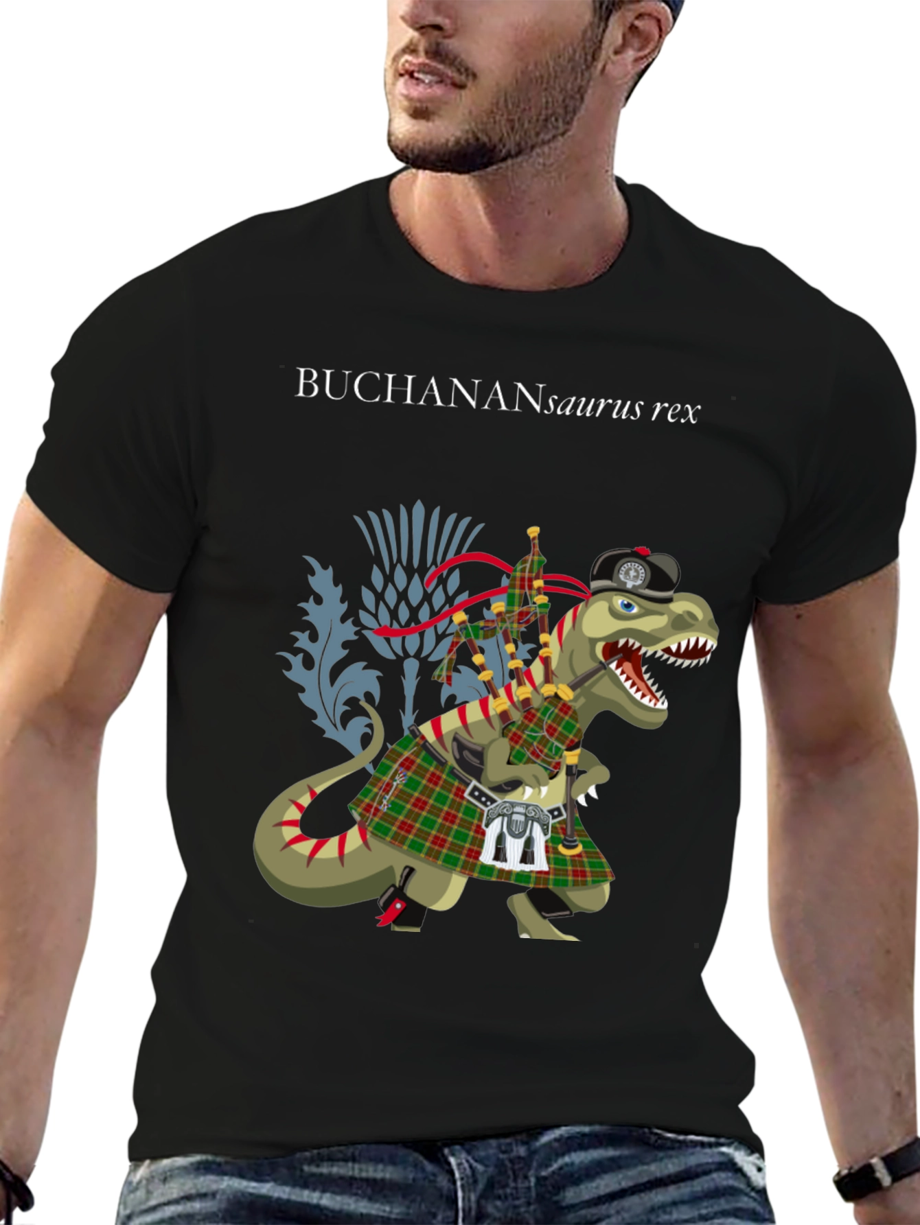 Black Buchanan T-Rex Scottish Kilt T-Shirt view 6