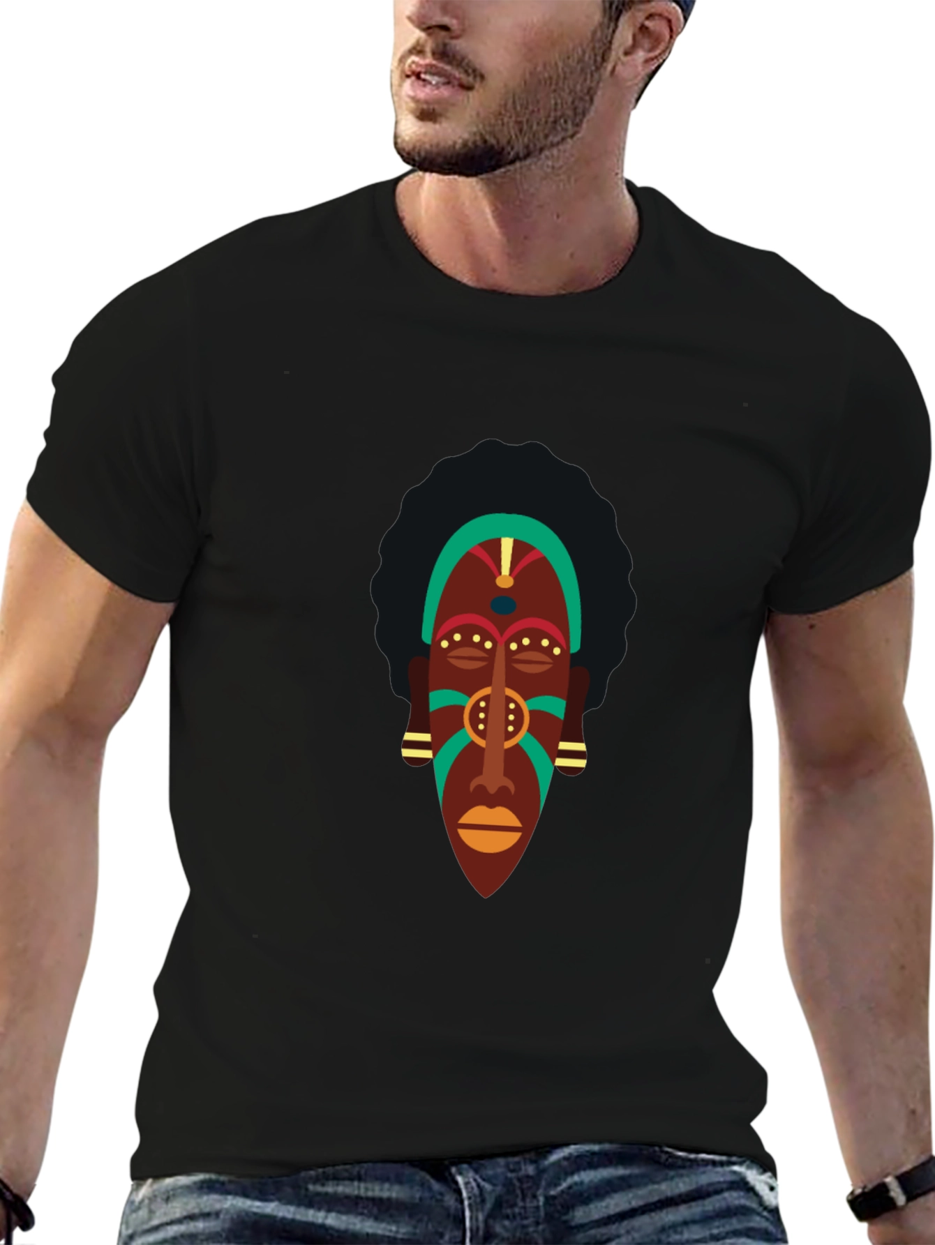 Black Tribal Mask Graphic Tee - Men's Black T-Shirt view 6