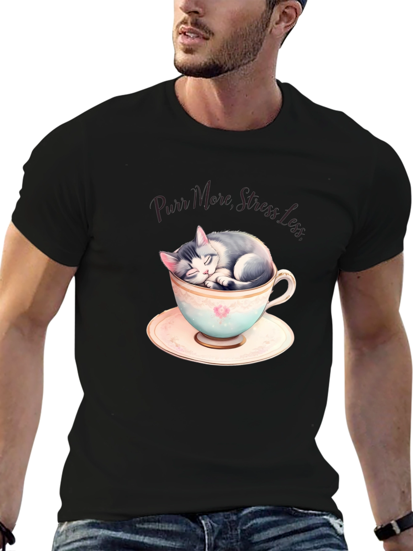 Purr More Stress Less T-Shirt: Cute Cat in Teacup - 6