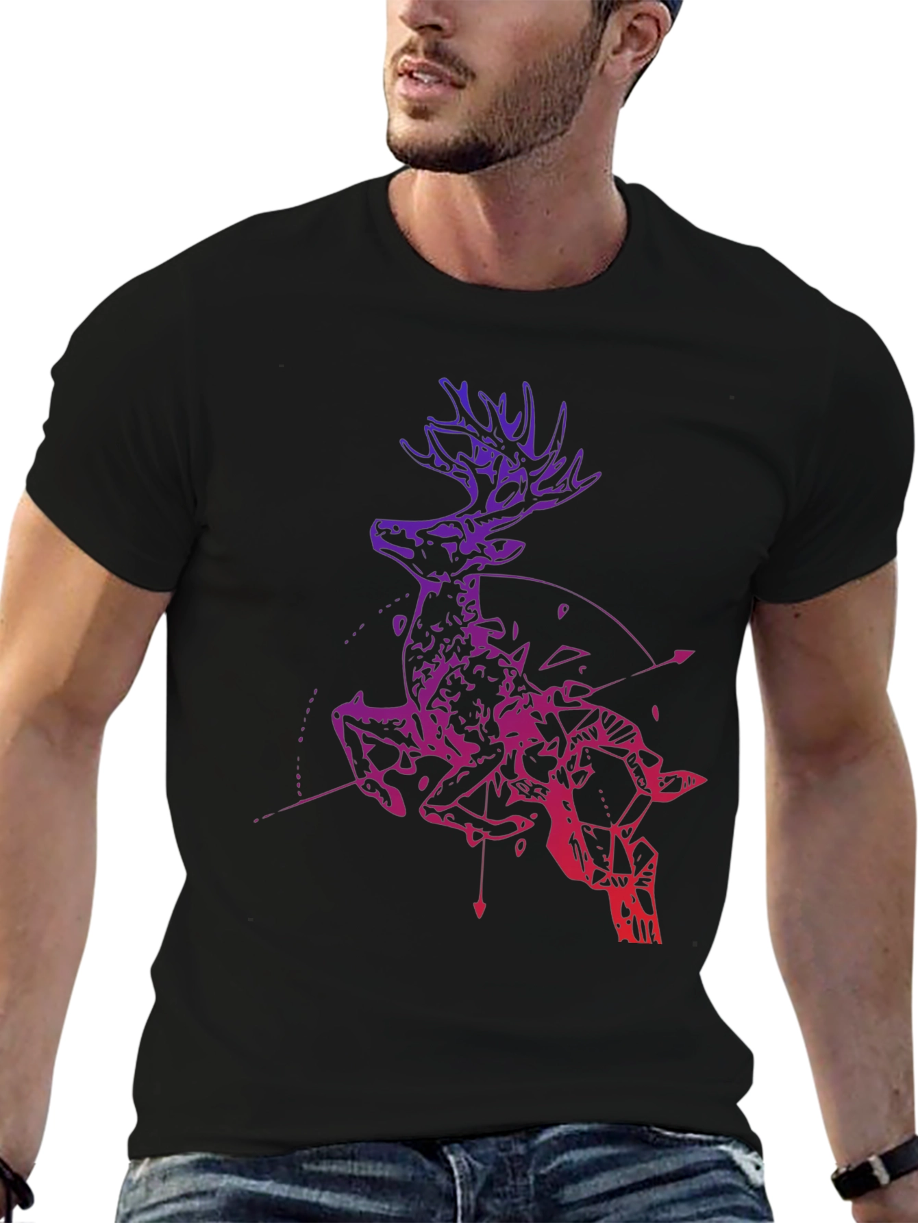 Black Geometric Deer Graphic Tee - Men's Black T-Shirt view 6