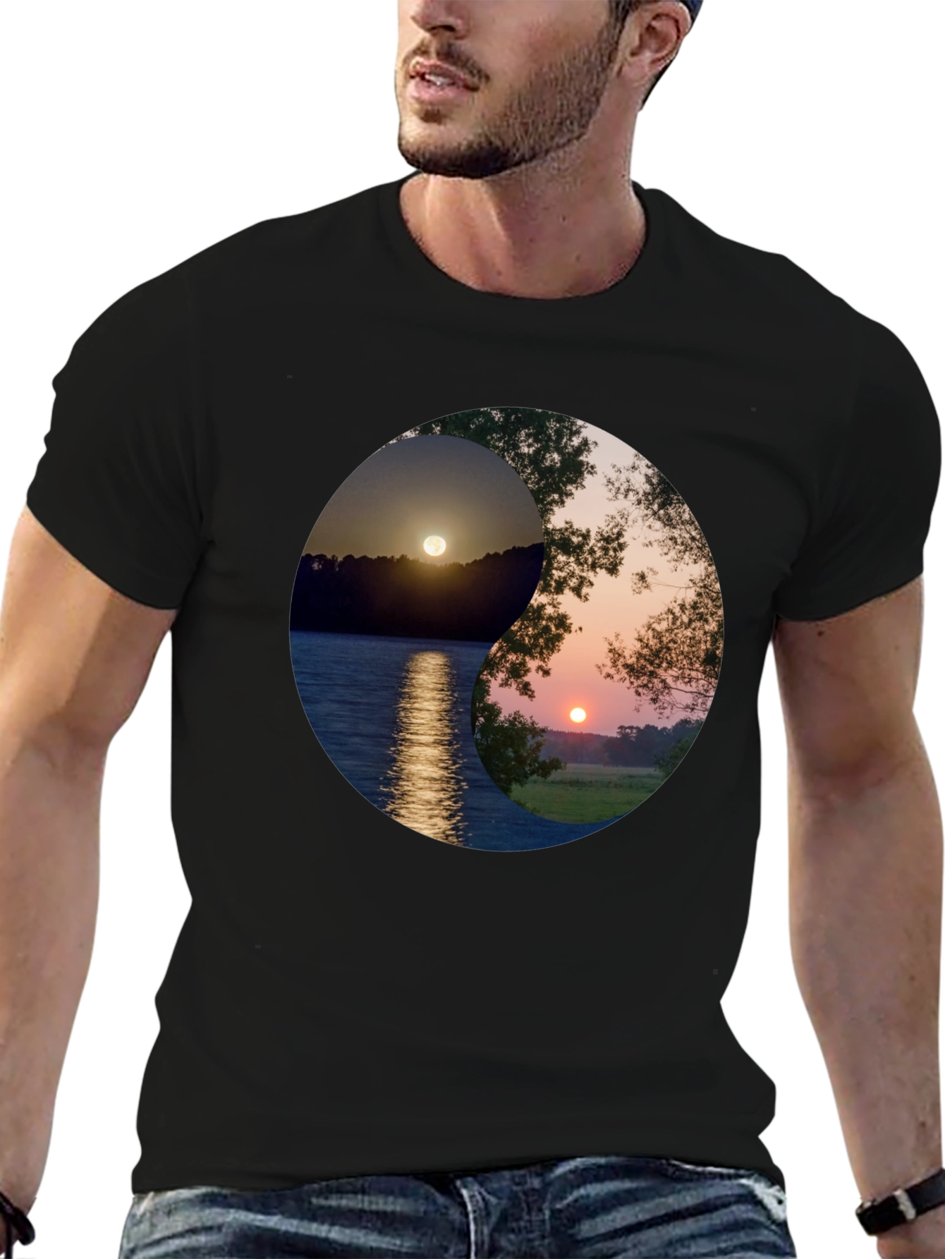 Black Yin Yang Sunset Graphic T-Shirt view 6