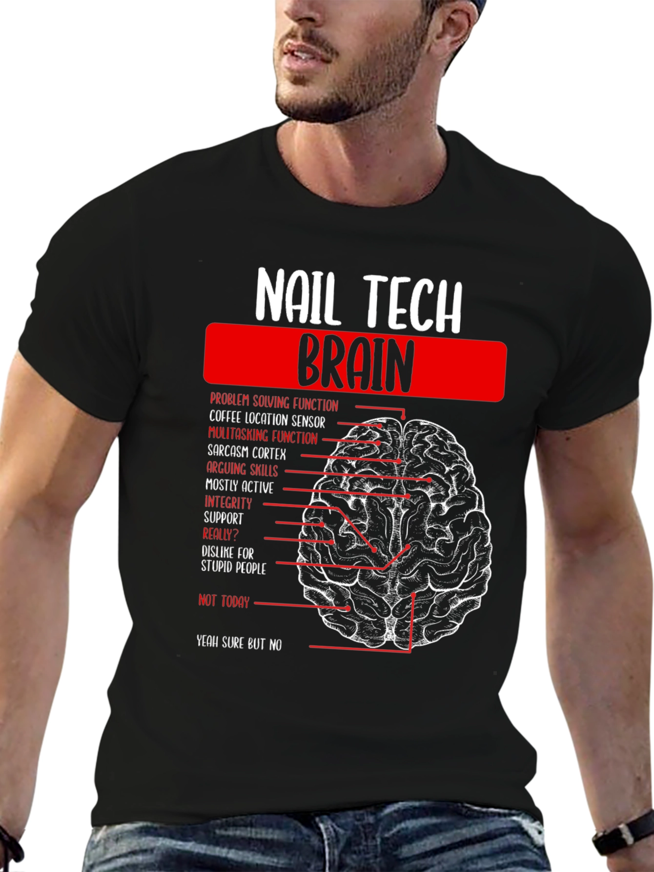 Black Nail Tech Brain Anatomy Graphic T-Shirt view 6