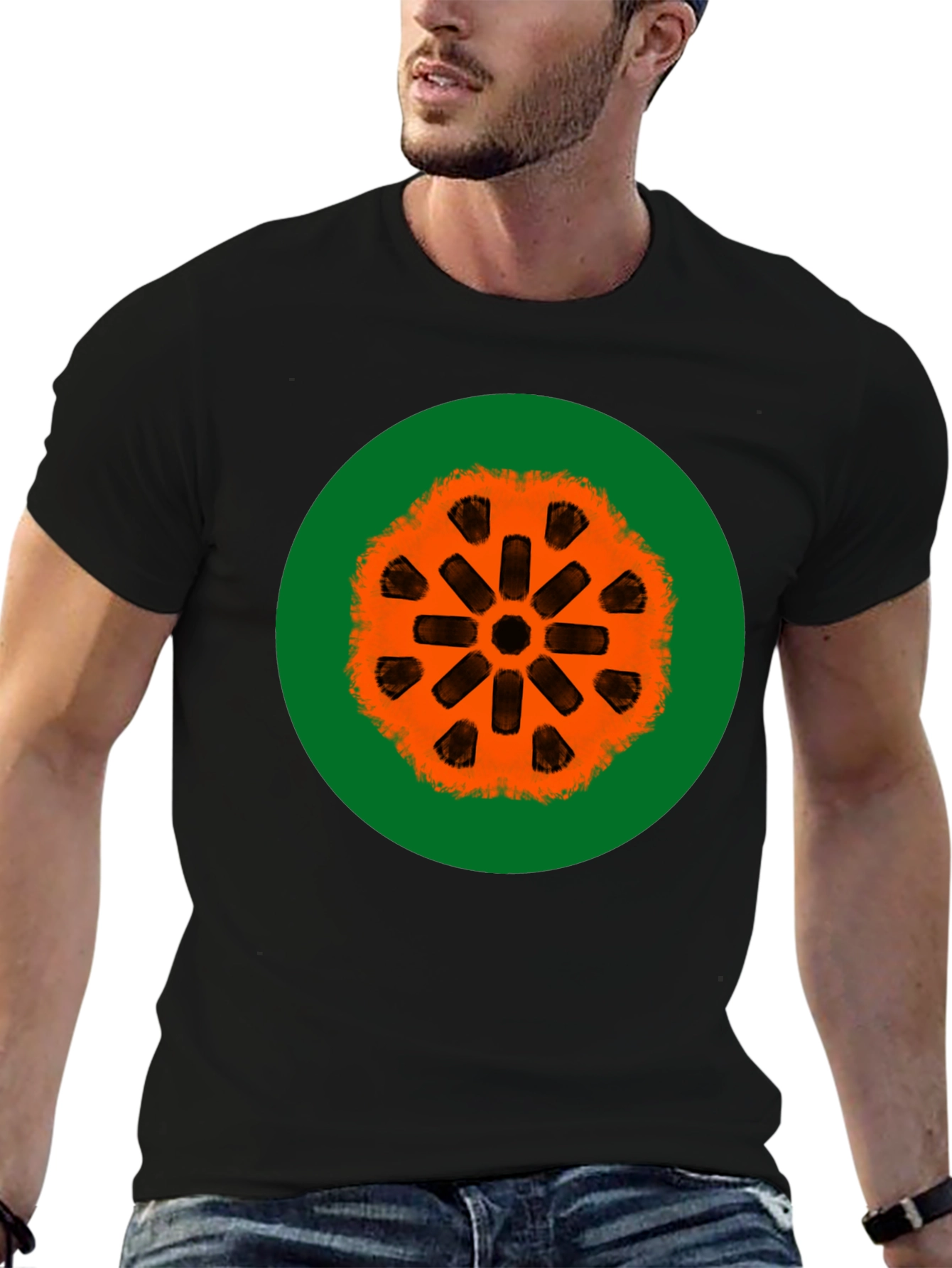 Black Graphic Tee: Orange Mandala on Green view 6