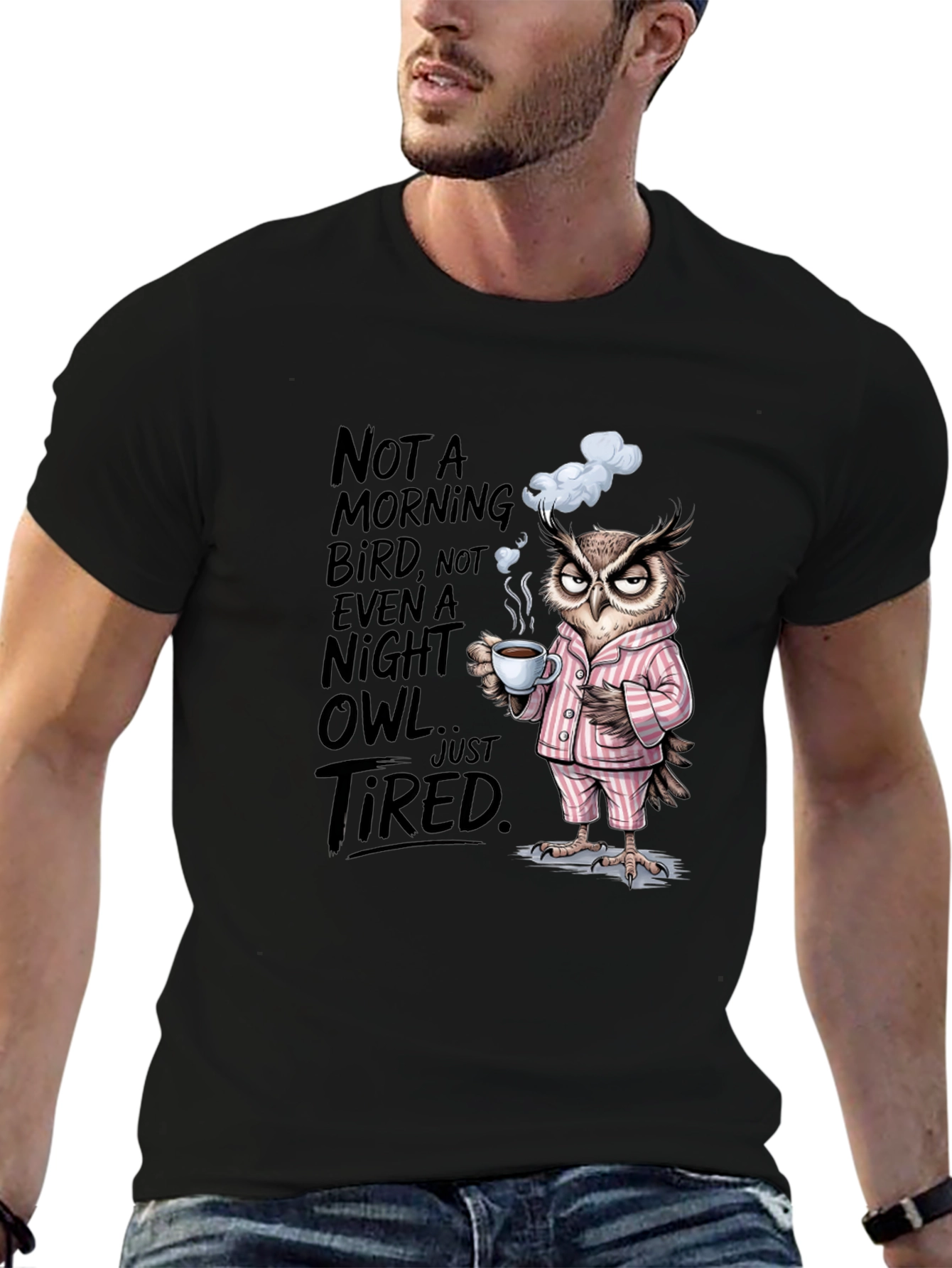 Black Tired Owl Graphic Tee - Not a Morning Bird T-Shirt view 6