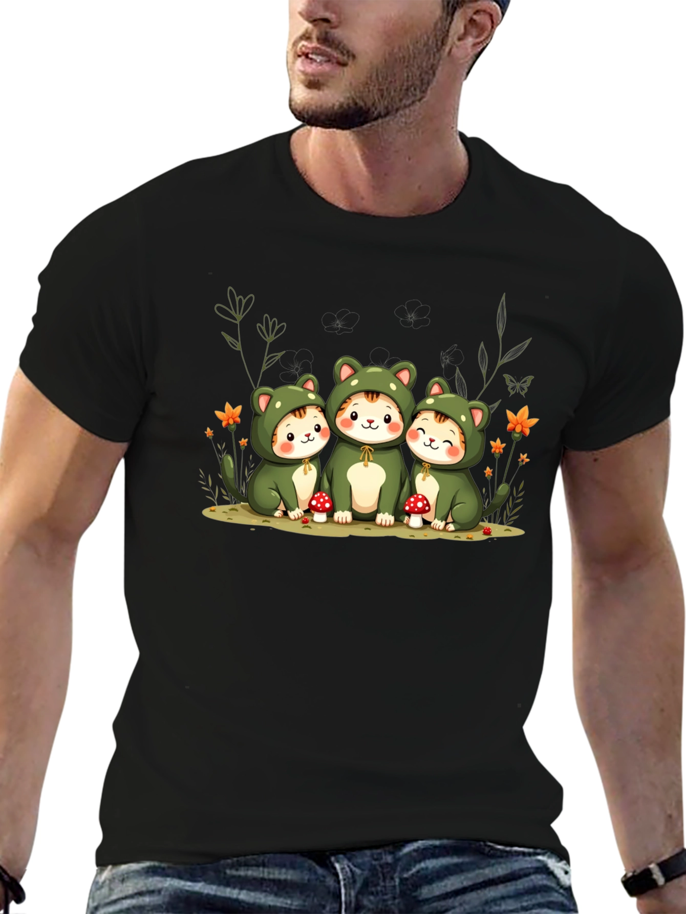 Black Cute Cats in Frog Costumes Black T-Shirt view 6