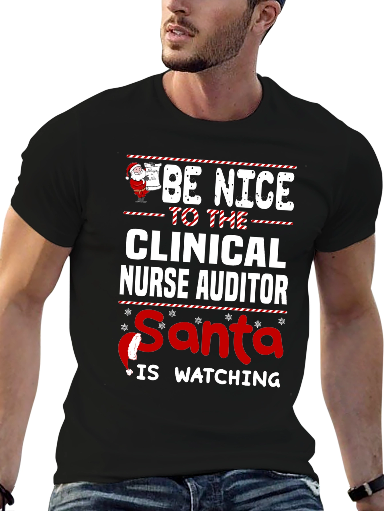 Black Funny Clinical Nurse Auditor Santa Watching Christmas T-Shirt view 6