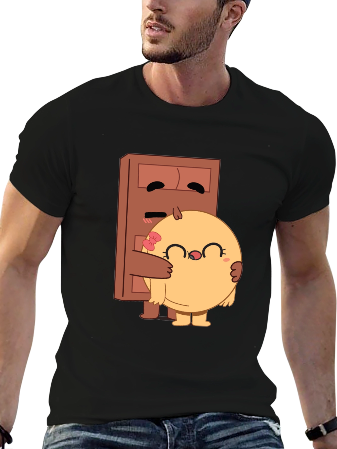 Black Cute Cartoon Hug T-Shirt view 6