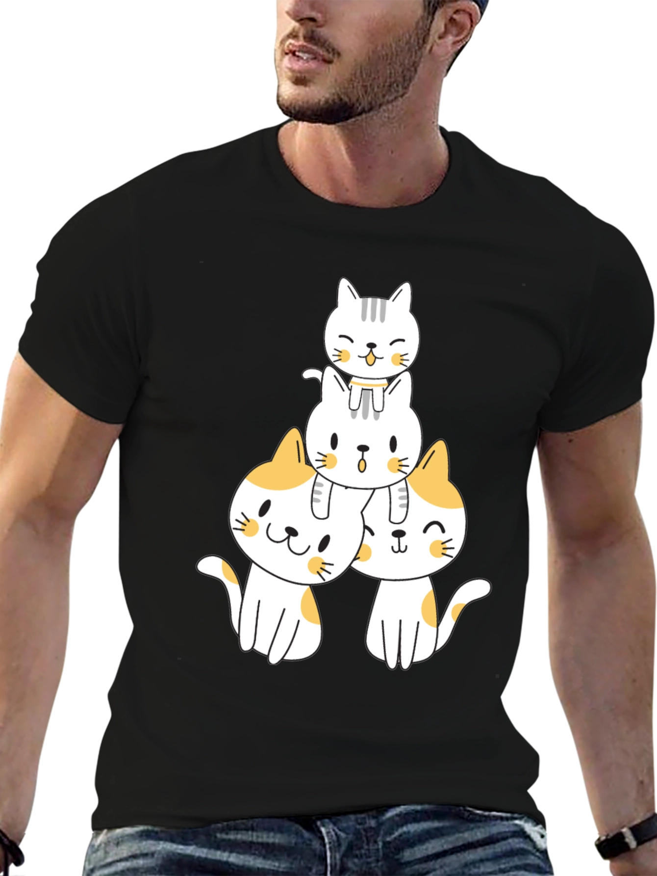 Black Cute Stacked Cats Graphic T-Shirt view 6