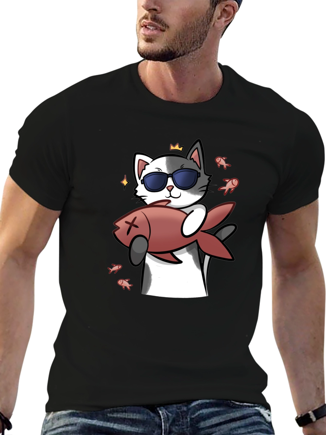 Black Cool Cat With Fish Graphic Tee - Black view 6