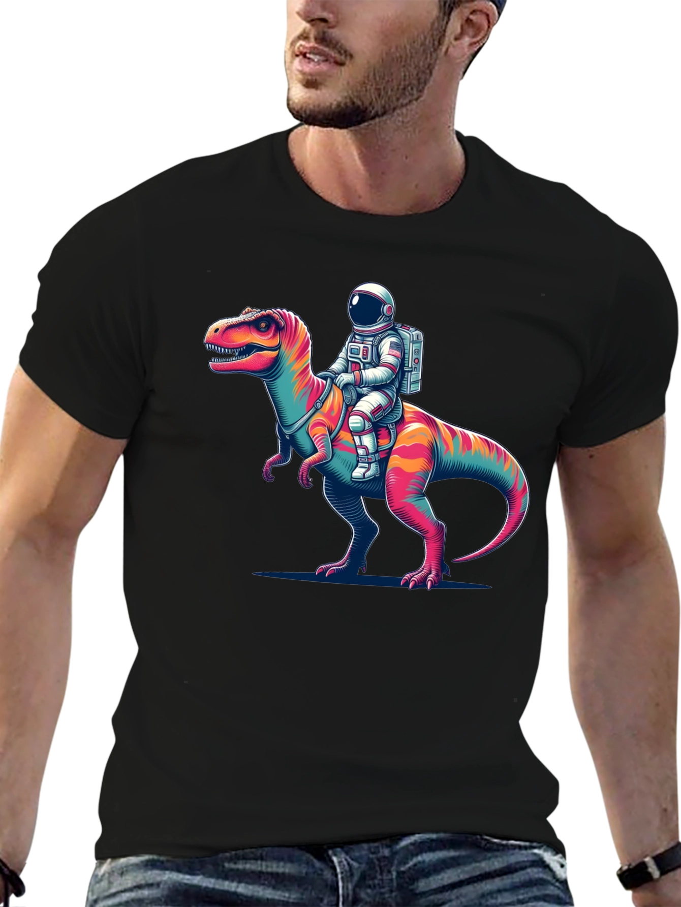 Black Astronaut Riding Dinosaur Graphic Tee view 6
