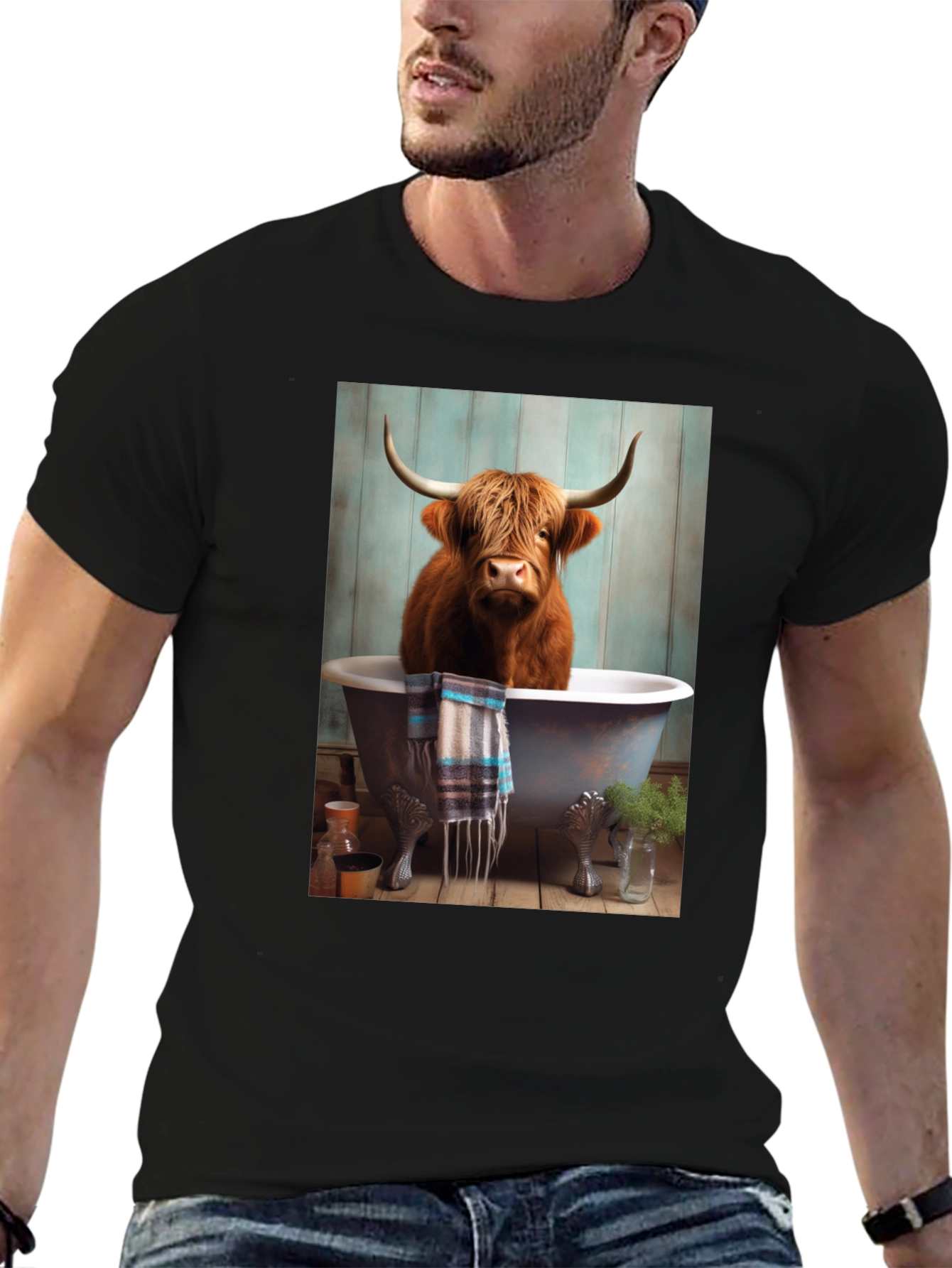 Black Highland Cow in Bathtub T-Shirt view 6