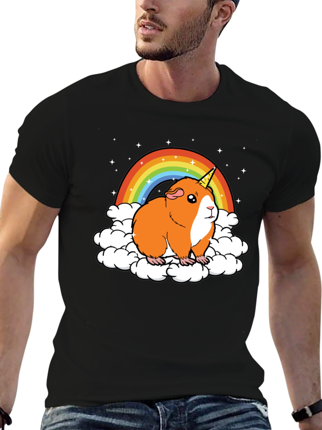Black Guinea Pig Unicorn Rainbow Graphic Tee view 6