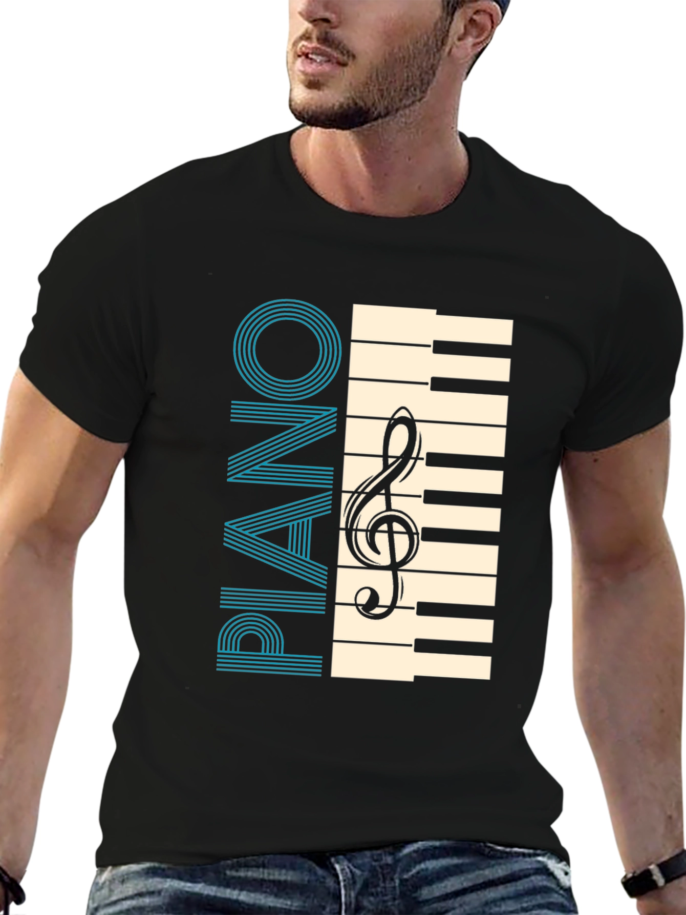 Black Piano Keys & Clef Graphic T-Shirt - Musician's Style view 6