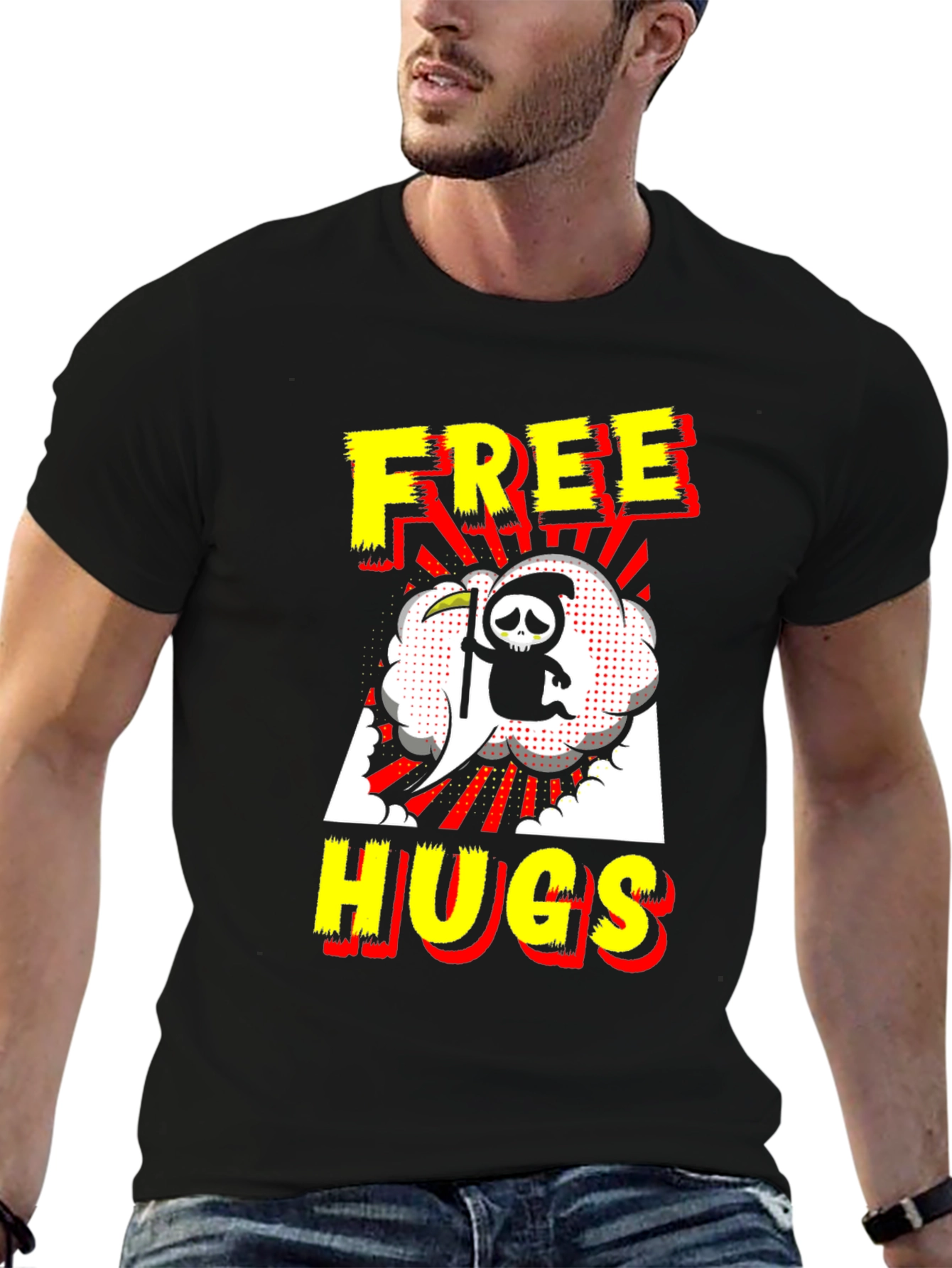 Black Free Hugs Grim Reaper Black T-Shirt view 6